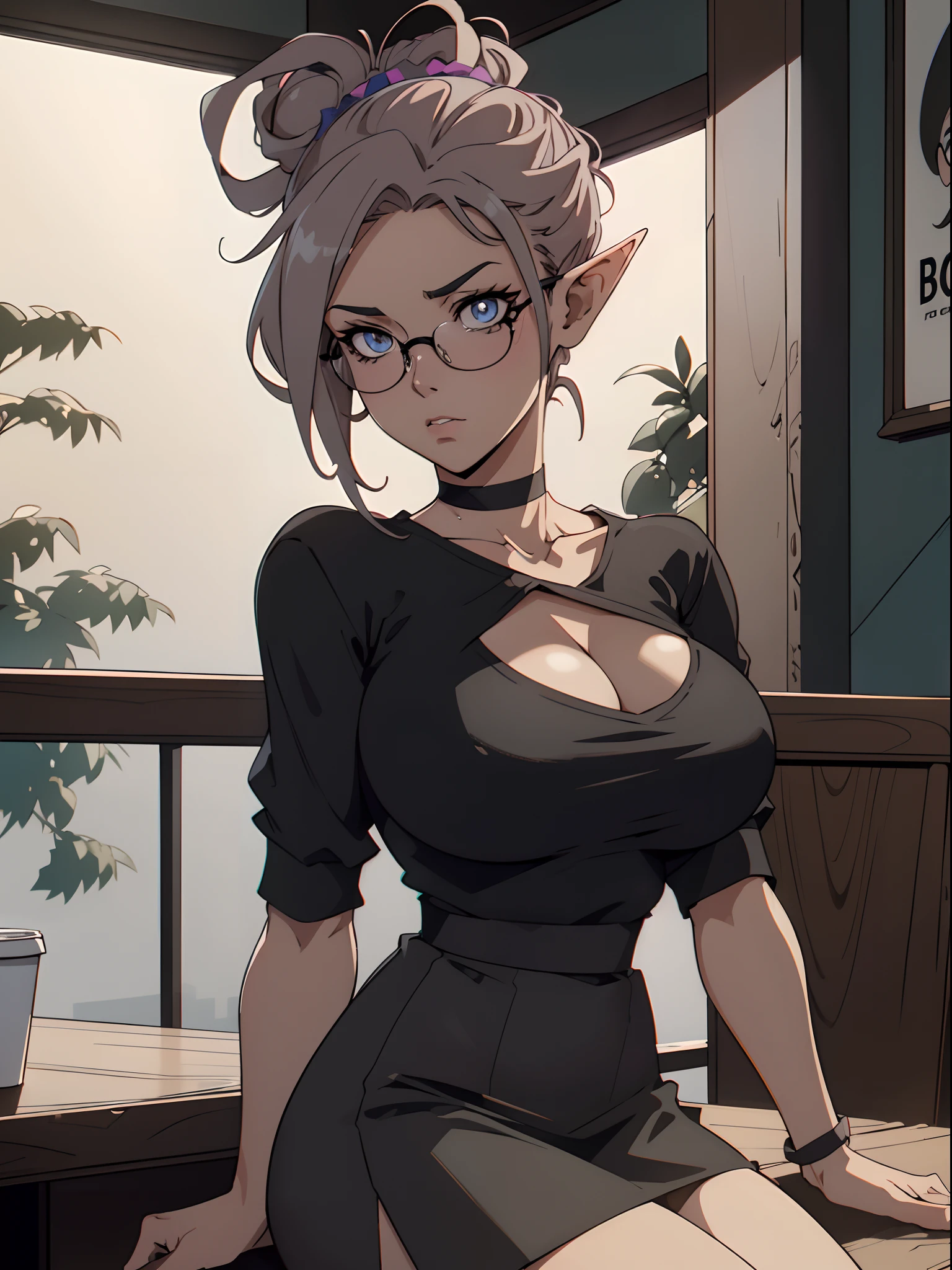 (1980s anime), a gorgeous female elf sitting in a coffee shop, messy bun hairstyle, jersey top, black shirt skirt, glasses, black choker, big boobs, sitting  , extremely detailed face and eyes, dynamic shadows, beautiful lighting, absurdes, 4k  , dynamic pose, masterpiece, absurdes, 4k, muted pastel colors, dynamic shadows