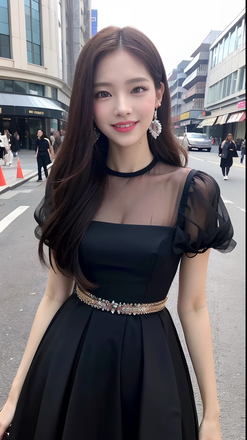BLACKPINK Lisa, ((Top Quality, 8k, masterpiece :1.3)), 1girll, Sorrisos, s whole body, Slim Faces, a pretty woman, (Dark-brown hair), Full-length dresses :1.1, highly detailed face, Detailed Eyes, Double eyelidd, blured background, Slim Faces, daoshi, exterior, the street,