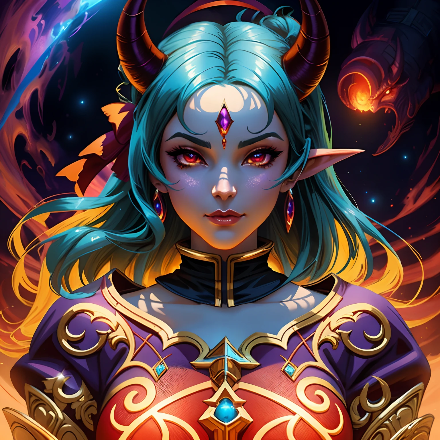 a close up of a woman with a demon face and a fireball, digital 2d fantasy art, detailed digital 2d fantasy art, artgerm julie bell beeple, epic fantasy digital art style, tiefling, epic fantasy art style hd, cosmic tiefling d&d, epic fantasy art style, detailed fantasy digital art, epic fantasy style art
