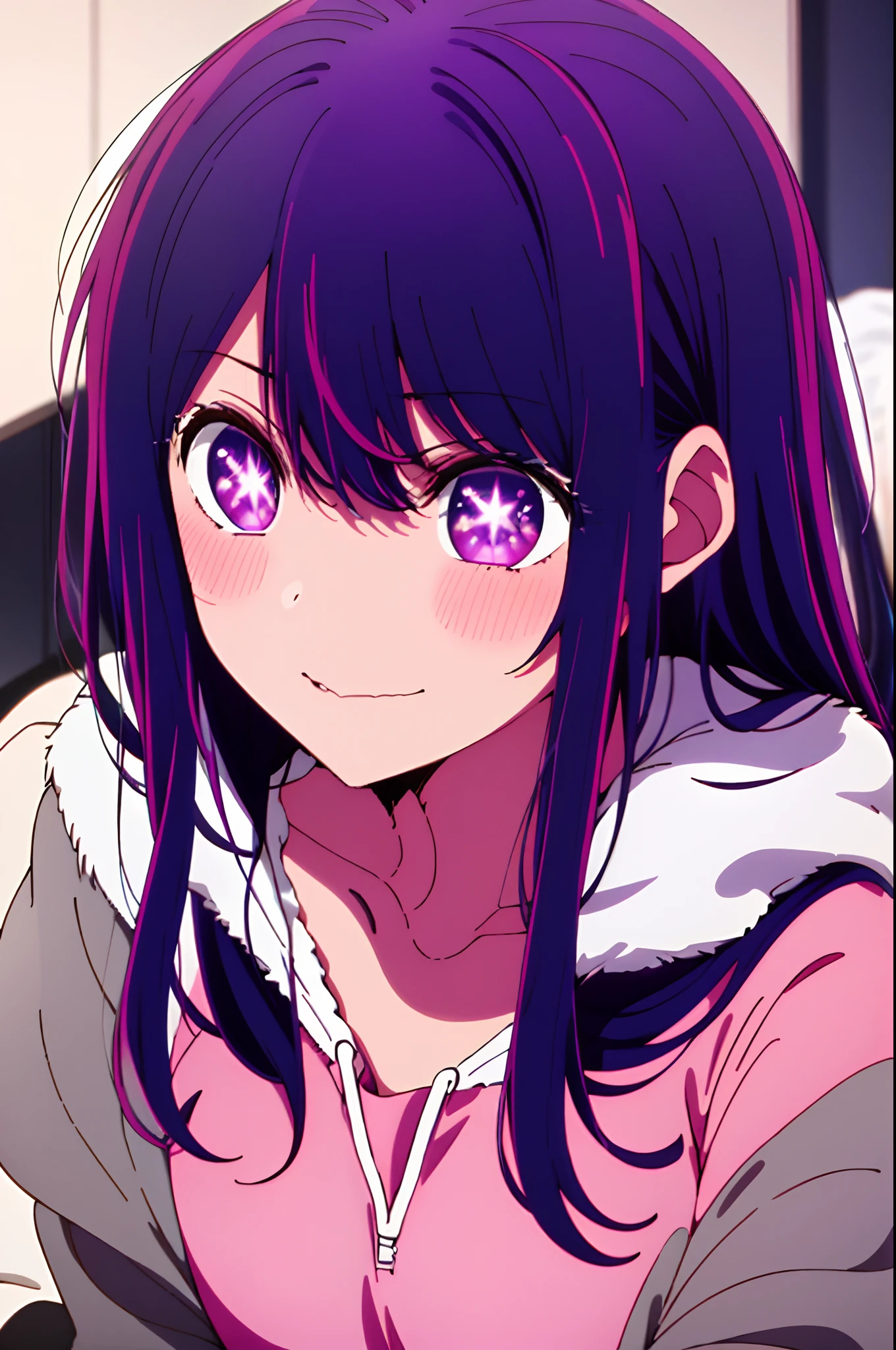 Yukino, best quality, purple color hair, purple eyes, in a black hoodie, cute girl, her expression is solemn, sexy face, she has a cute expressive face, hard breast