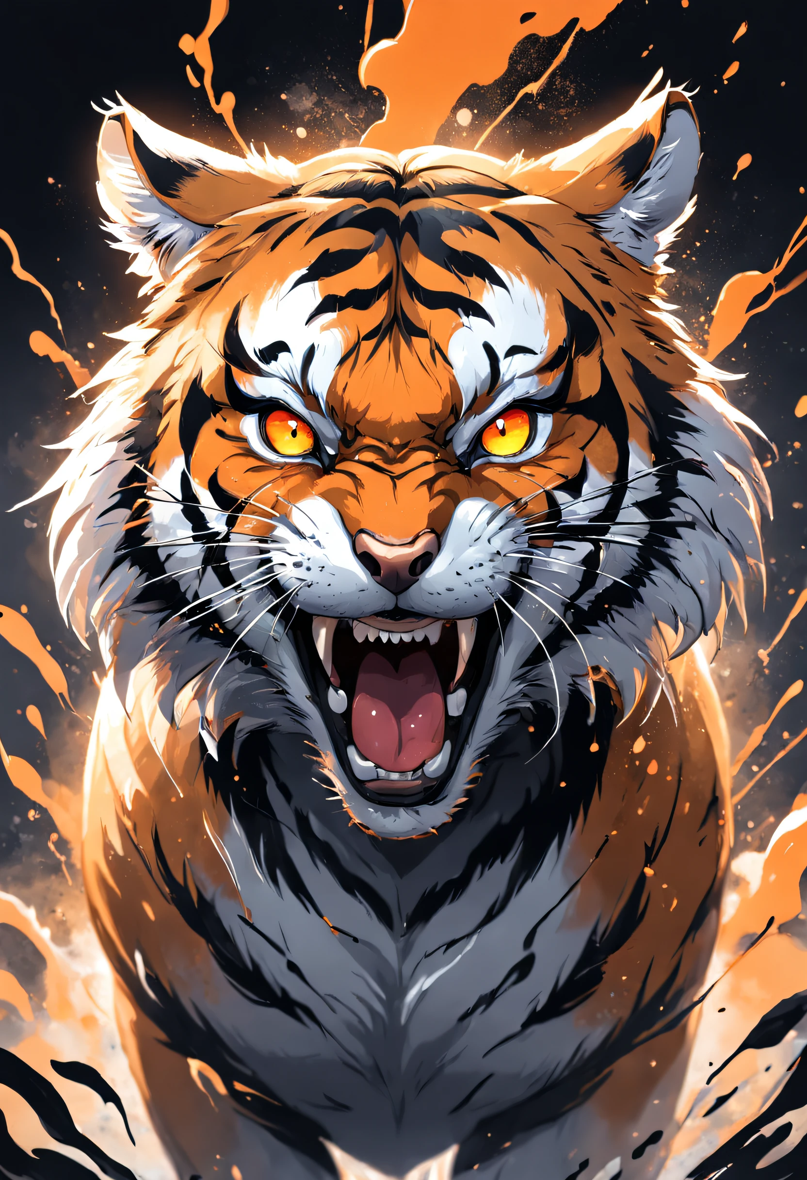 Black and gray realistic tattoo art of tiger with (((orange eyes))) with ink splatter sketch effect ,he is with open mouth looking very fierce and angry