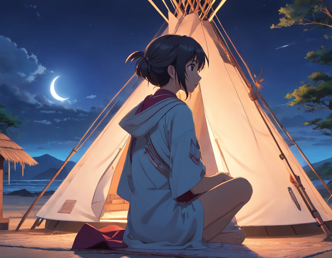 Ultra detailed artistic photography, Native American Beautiful Apache Woman, Tee Pee, Clair de lune, Foyer, Plume, sexy, dream-like, rougeoyant, backlit, ombre, huile sur toile, lisse, ultra high def, 8k, Mise au point ultra nette, intricate artwork masterpiece, Tenue fluide, highly detailed, Dynamique, production cinematic character render, ultra high quality model, pour coloriage, noir et blanc