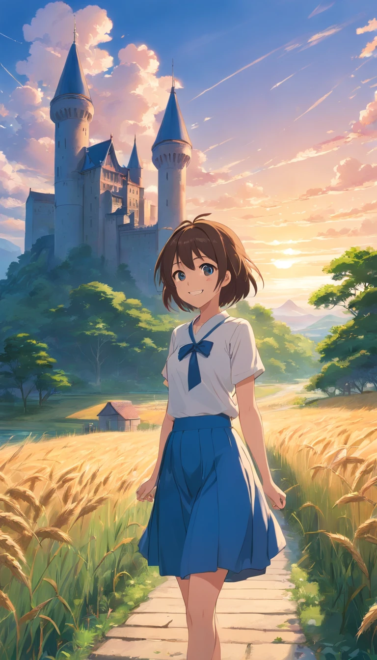 (((Best quality))), High saturation, Clear, Reasonable structure, Cartoon style, architecture, bridge, Construction, Castle, chimneys, Cloud, Cloudy_sky, day, fantasy, Door, Grass, house, Mountain, No_Humanity, En plein air, River, landscape, sky, Sunset, tree, window, wheat field, Wheat, JK Maiden, Smile, Cute, Blue skirt, White top