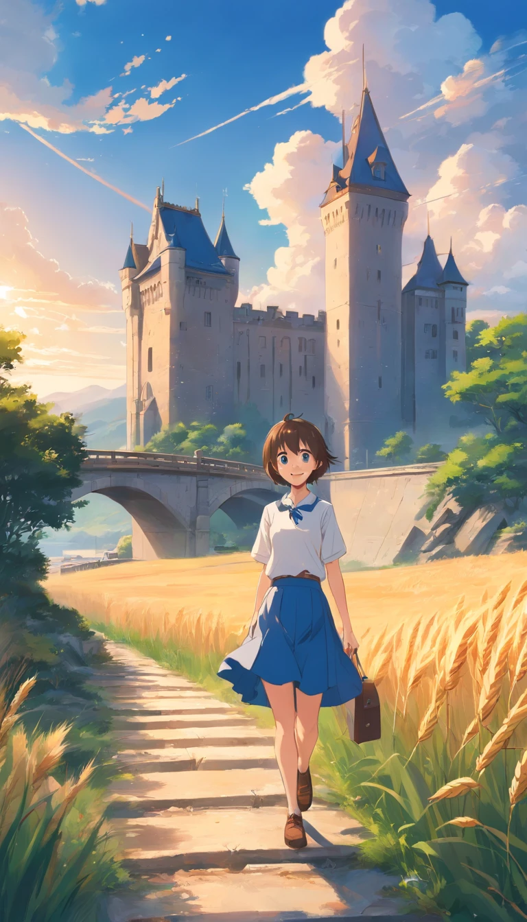 (((Best quality))), High saturation, Clear, Reasonable structure, Cartoon style, architecture, bridge, Construction, Castle, chimneys, Cloud, Cloudy_sky, day, fantasy, Door, Grass, house, Mountain, No_Humanity, En plein air, River, landscape, sky, Sunset, tree, window, wheat field, Wheat, JK Maiden, Smile, Cute, Blue skirt, White top