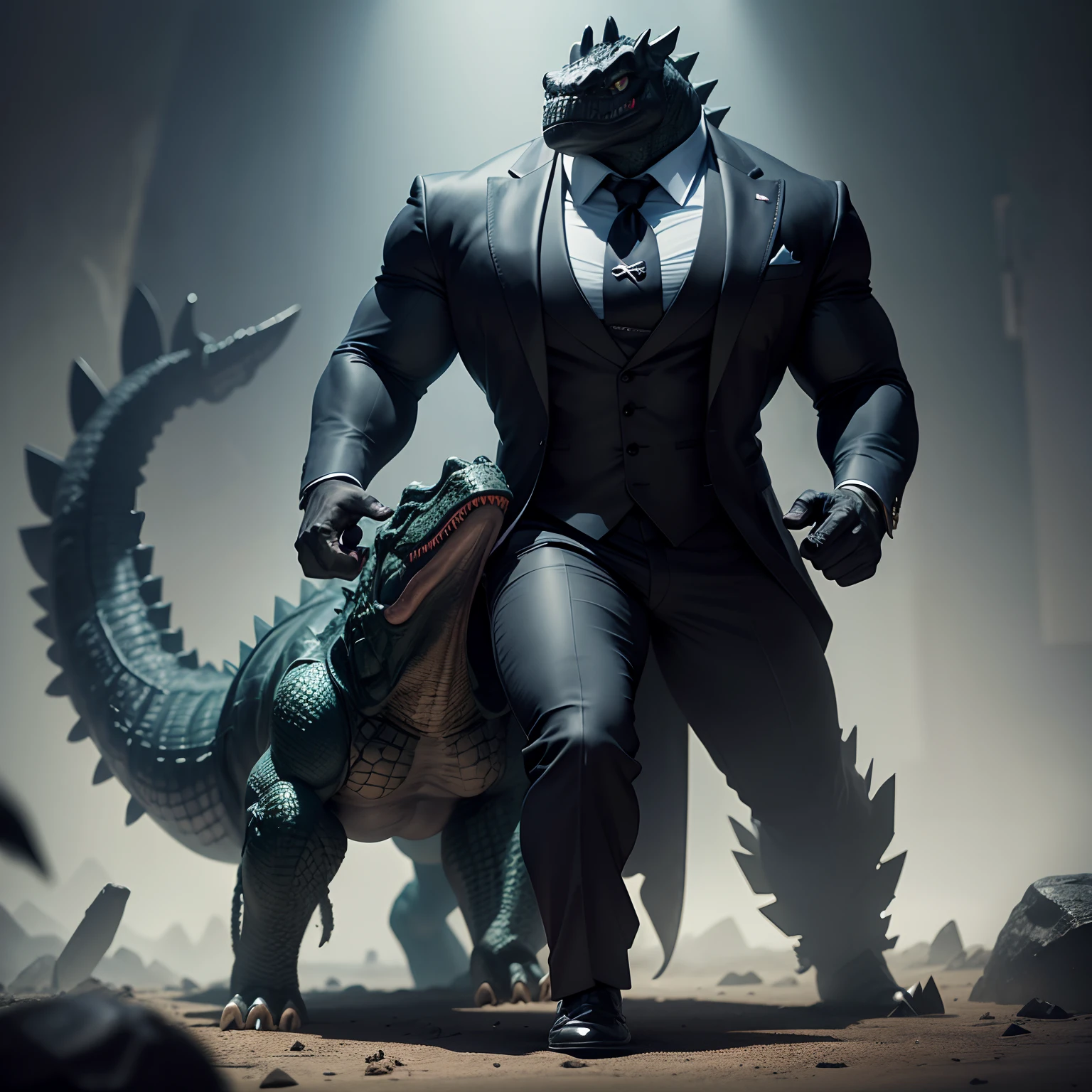 Humanoid  crocodile muscled ,  with a crocodile's head black with  a tail with 2 huge arms ,  in suit with a tie , full body