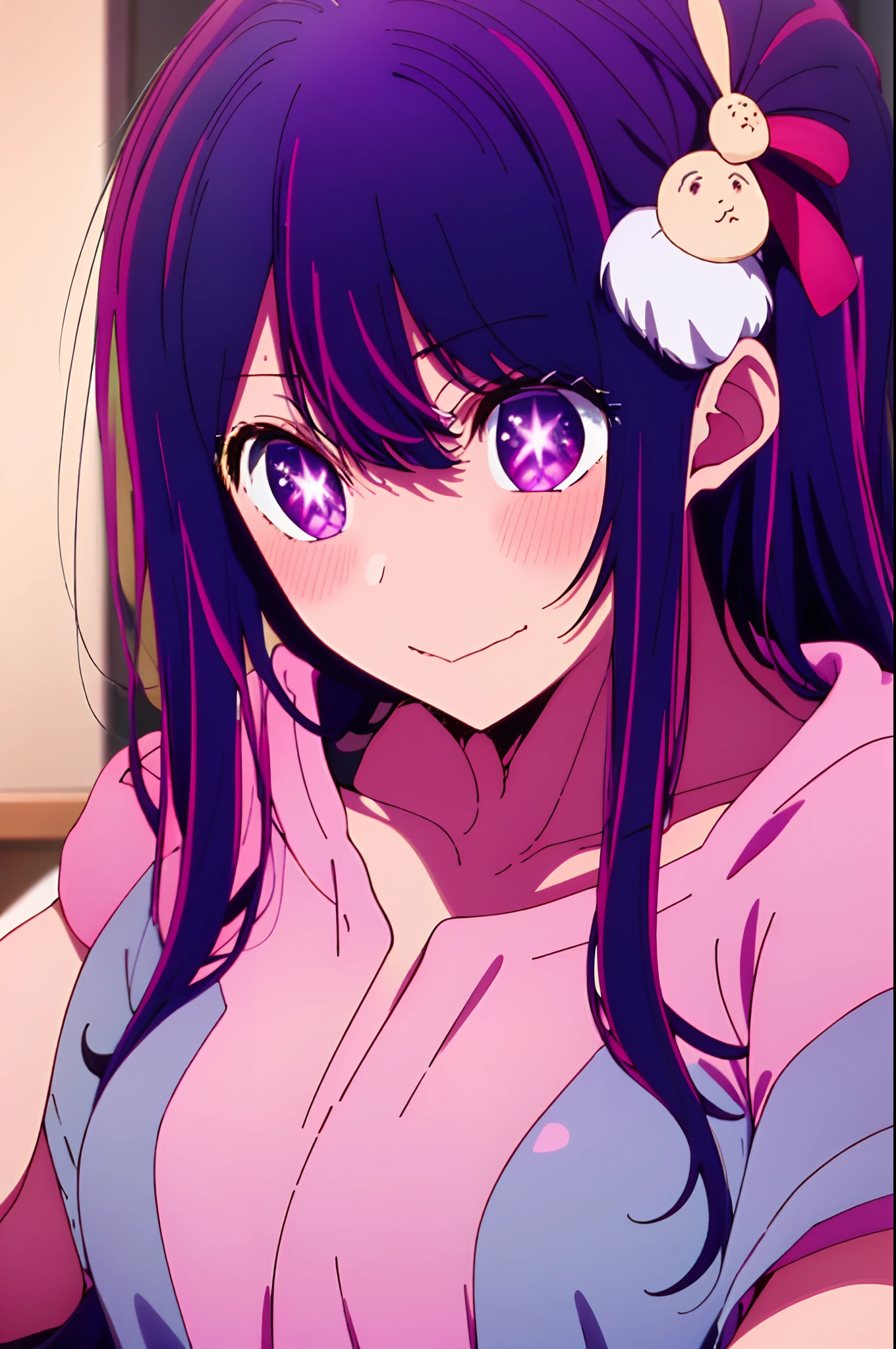 Yukino, best quality, purple color hair, purple eyes, in a black hoodie, cute girl, her expression is solemn, sexy face, she has a cute expressive face, hard breast