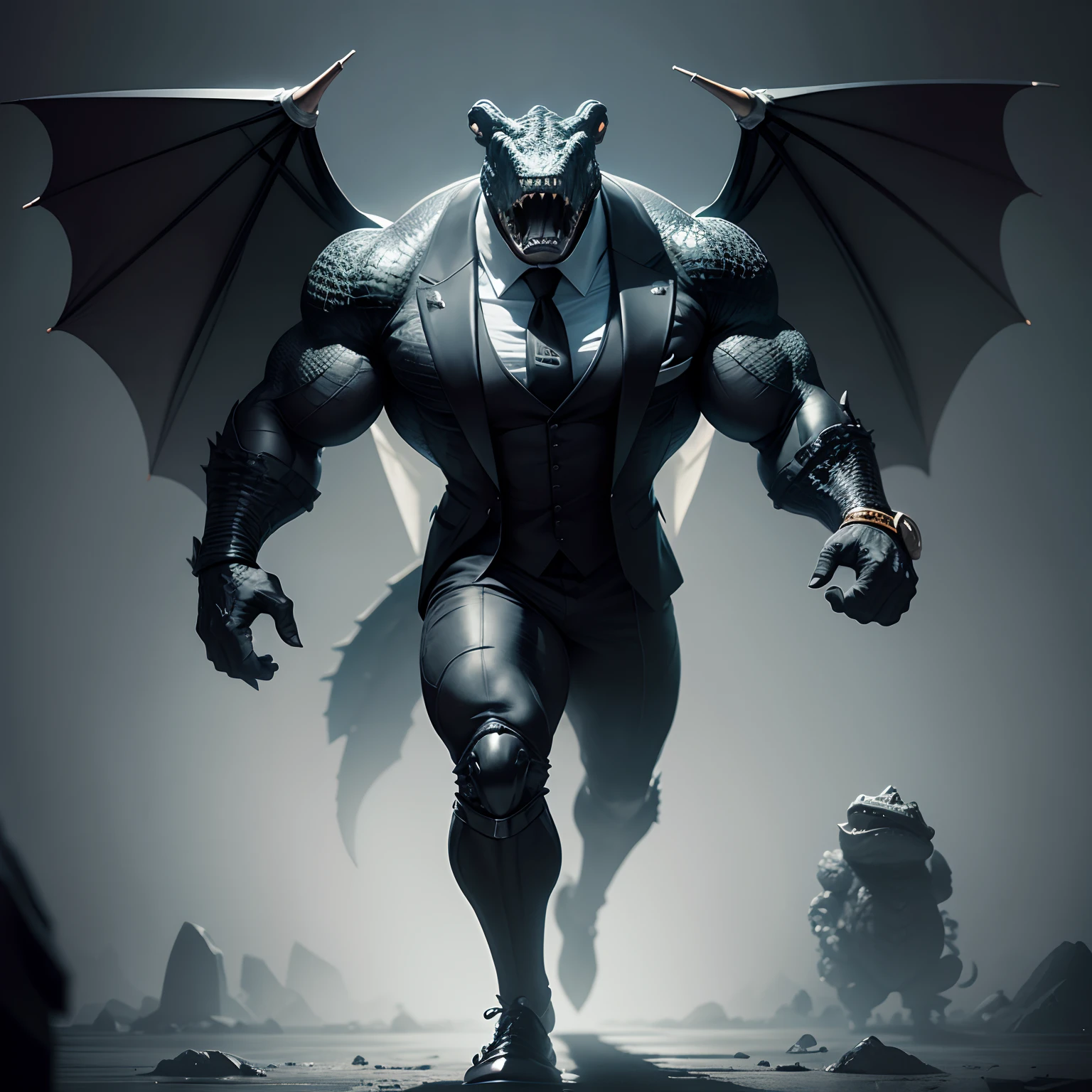 Humanoid crocodile muscled , with a crocodile's head black with a tail with 2 huge arms , in suit with a tie , full body