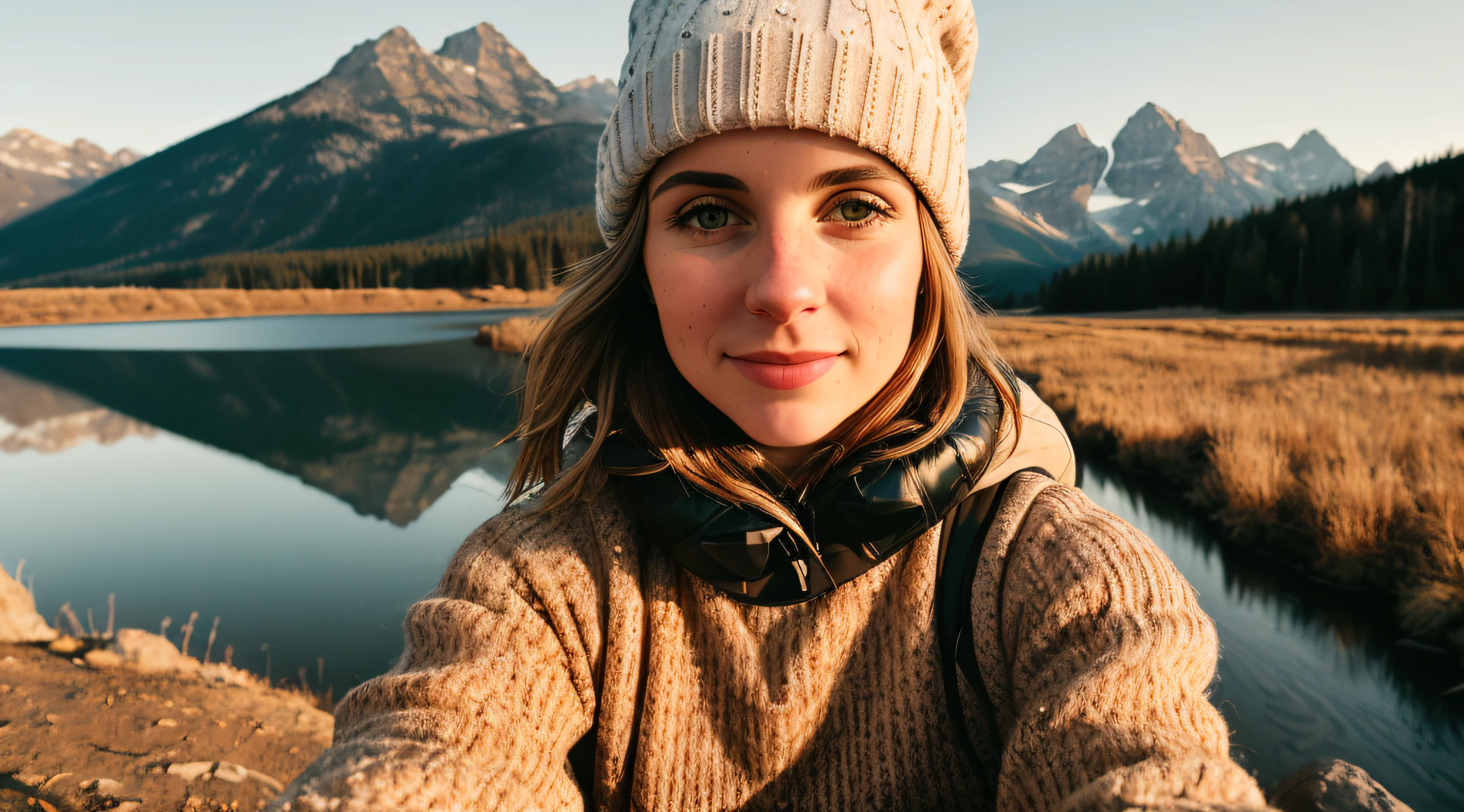 1 woman((upper body selfie, happy)), masterpiece, best quality, ultra-detailed, solo, outdoors, (night), mountains, nature, (stars, moon) cheerful, happy, backpack, sleeping bag, camping stove, water bottle, mountain boots, gloves, sweater, hat, flashlight, forest, rocks, river, wood, smoke, shadows, contrast, clear sky, analog style (look at viewer:1.2) (skin texture) (film grain:1.3), (warm hue, warm tone) :1.2), close up, cinematic light, sidelighting, ultra high res, best shadow, RAW, upper body, wearing pullover