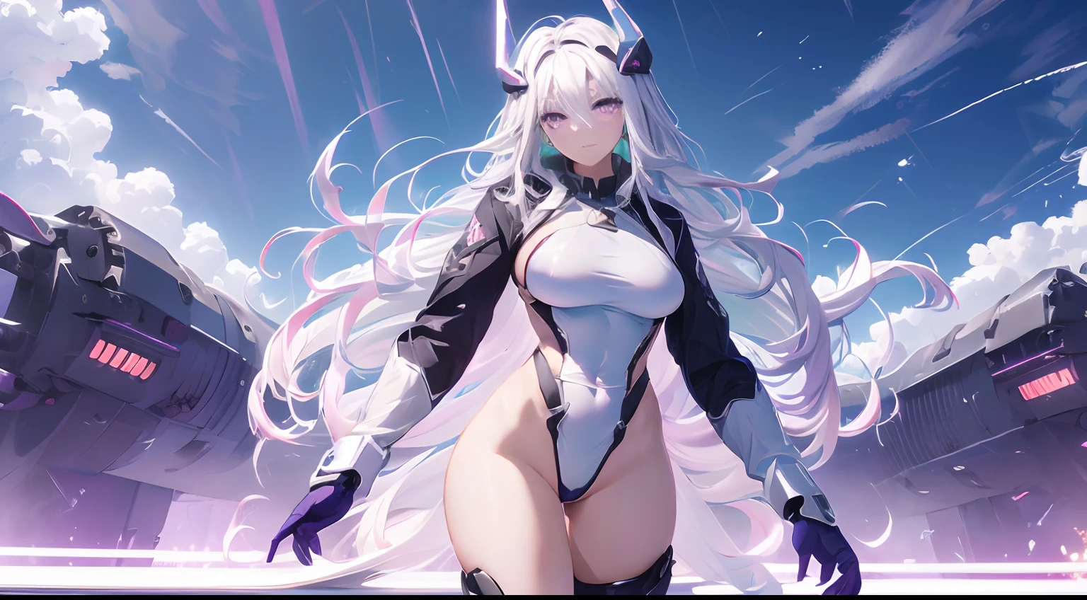 (best quality,4k,8k,highres,masterpiece:1.2),ultra-detailed,HDR,girl:1.1,standing,anime,eyes,sharp focus,military base,uniform,weapon,detailed background,serious expression,cool pose,dynamic lighting,moonlit night,mech in the distance,hairstyle,colorful sunset,sparkling stars,long hair,cloudy sky,cute face,White hair, purple eyes.