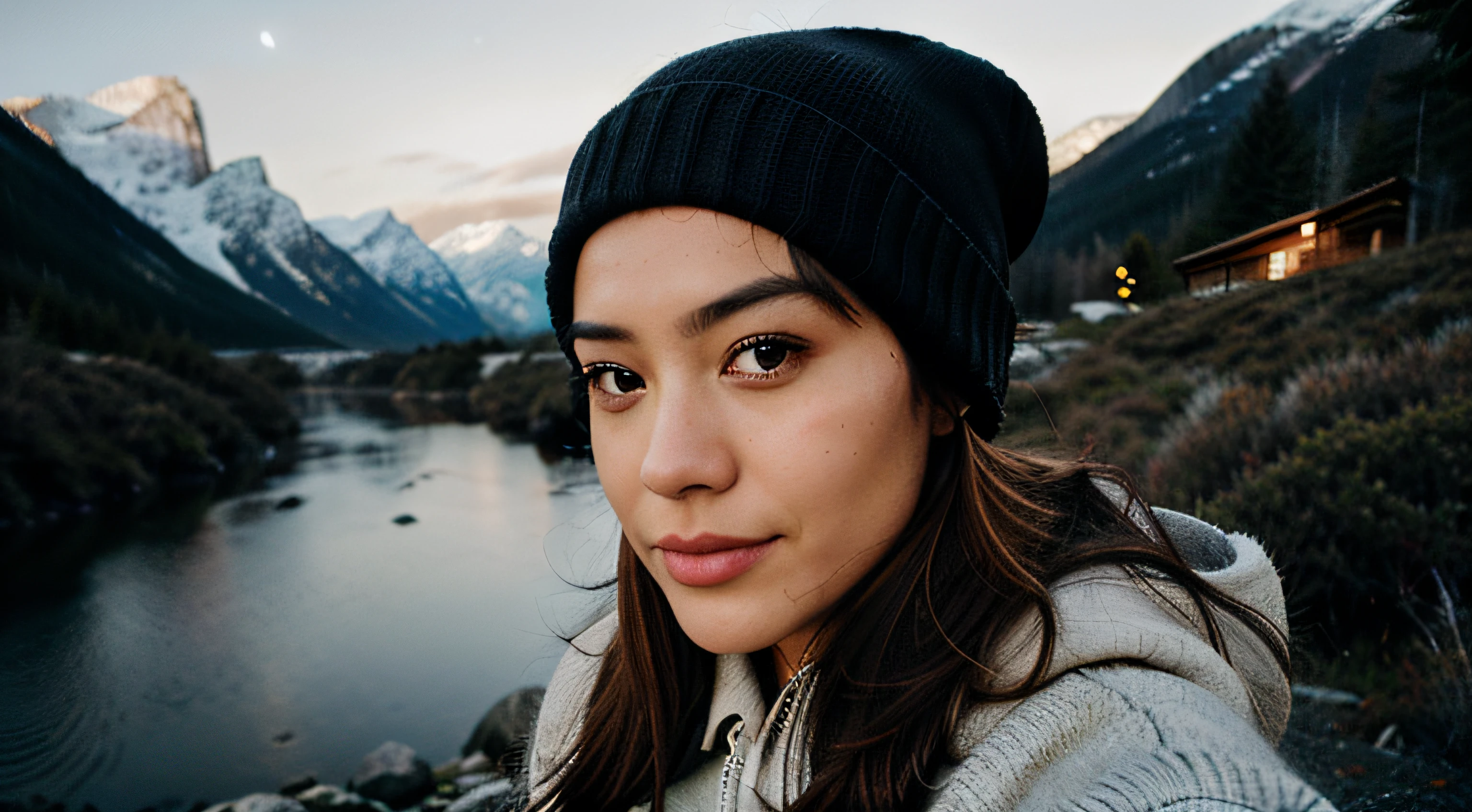 Photorealistic, Best quality, ultra - detailed, Beautiful woman, Selfie Photos, Upper body, Solo, wearing pullover, Outdoors, (Night), Mountains, Nature in real life, stars, Moon, (cheerful big breasts, cheerfulness), sleeping bag, mitts, Sweater, Beanie, Flashlight, forest, Rocks, River, wood, Smoke, Heavy fog, Clear sky, analogue style, view the viewer, Skin texture, filmgrain, Close up, 超高分辨率, Best shadow, primitive, Instagram LUT