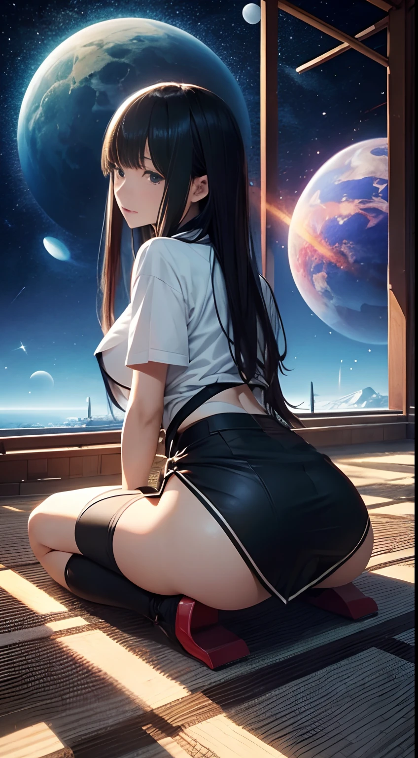 Hiroshi Masumura, surreal, mysterious, strange, bizarre, fantasy, Sci-fi fantastic, Japanese anime, age of integration, consciousness, philosophy, religion, science, creativity, extraterrestrial civilization, past life, future life, parallel life, multidimensional self, time and space, perfect voluminous body miniskirt girl, detailed masterpiece, on all fours, huge tits big ass, back
