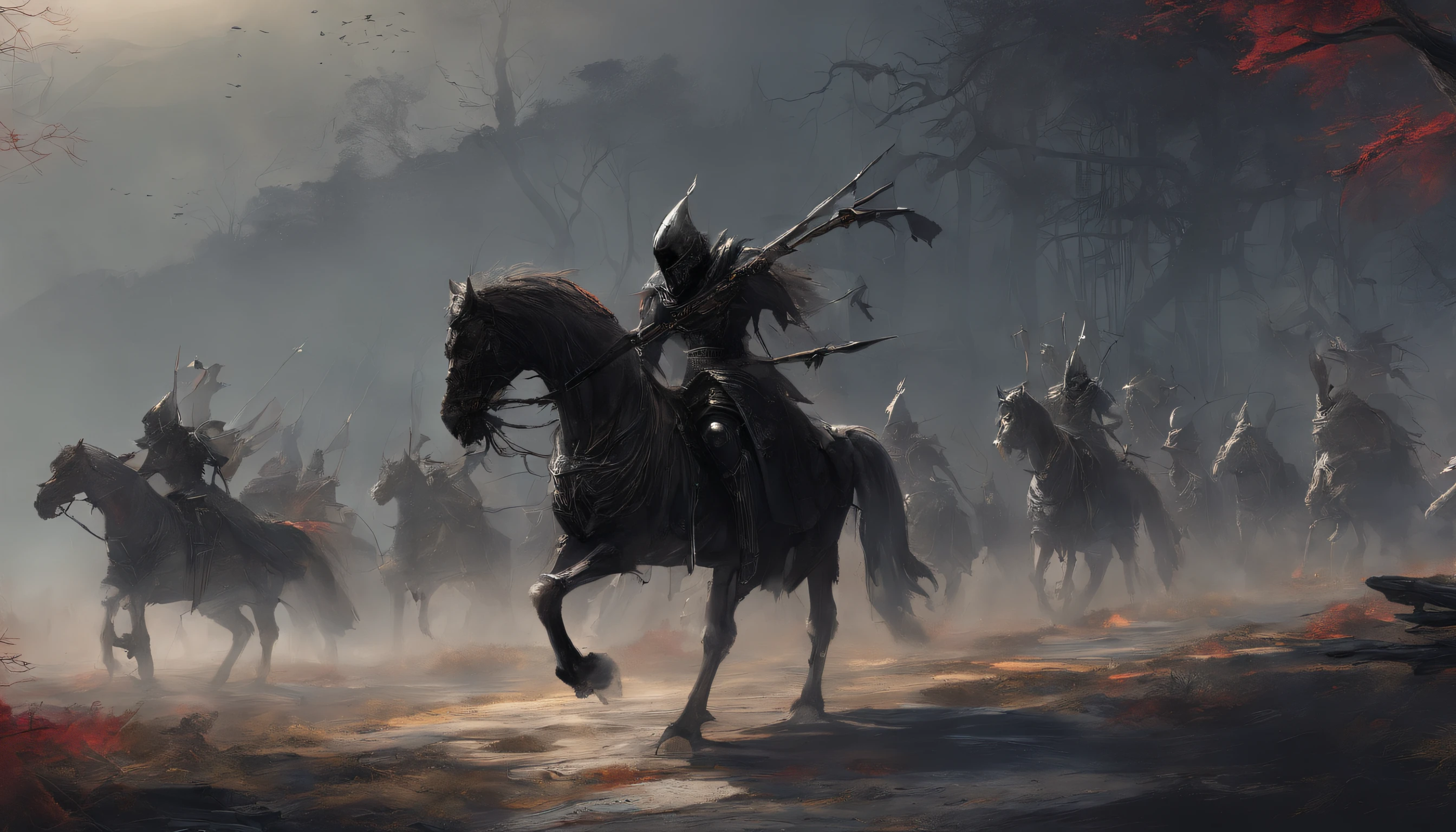 A group of undead knights riding skeleton horses actually walked through the valley towards the audience,Undead,Crusader pitch-black armor,(red eyes),Skeleton horses with rotten flesh,fantasy world,medieval times,A dark forest that glows with glows,The ground was covered with bones,horror atmosphere,uncanny,High-precision details,HD,8k,lord of the ring
