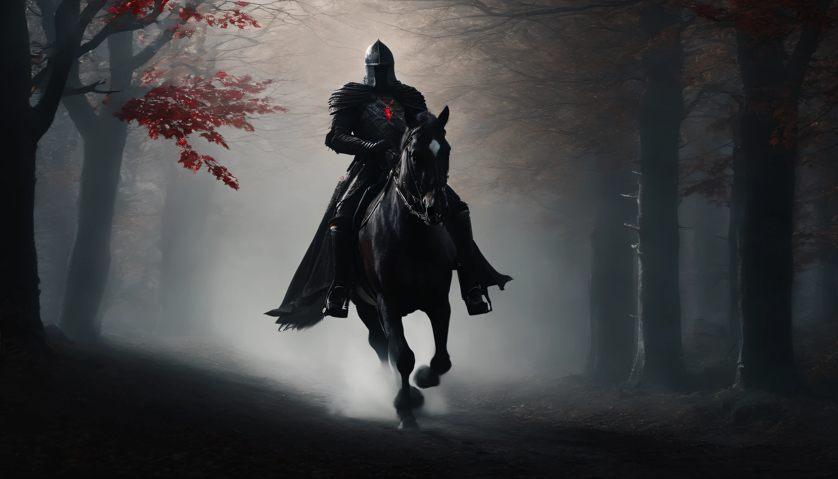 Undead Knight,Undead,Crusader pitch-black armor,(red eyes),Skeleton horse,Nightmare Horse,fantasy world,medieval times,A dark forest that glows with glows,horror atmosphere,uncanny,High-precision details,HD,8k