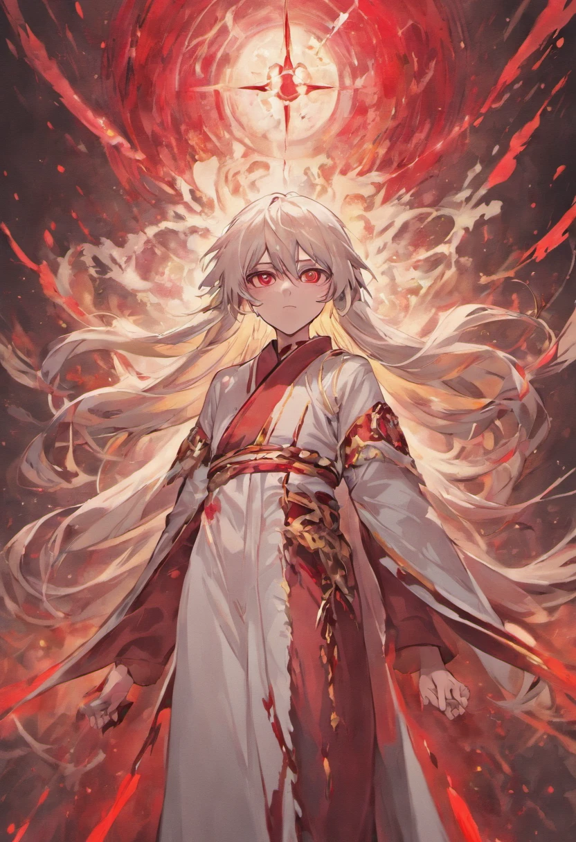 a young man with long white hair,pale skin,blood ruby eyes,thin body and thin waist,wearing a white robe with red veins