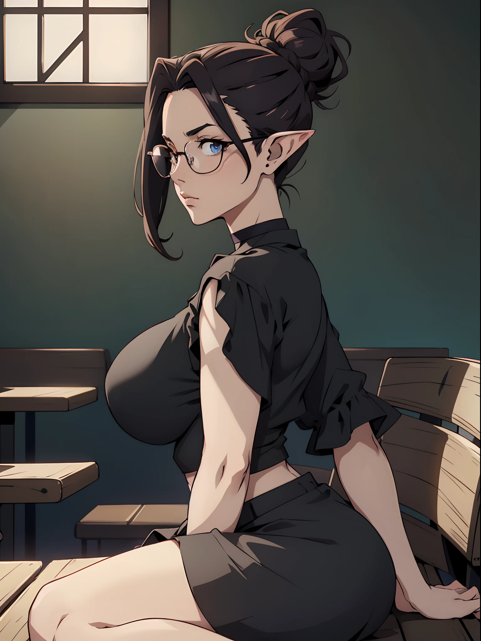 (1980s anime), a gorgeous female elf sitting in a coffee shop, messy bun hairstyle, jersey top, black shirt skirt, glasses, black choker, big boobs, sitting, (shot from side:1.4), extremely detailed face and eyes, dynamic shadows, beautiful lighting, absurdes, 4k , dynamic pose, masterpiece, absurdes, 4k, muted pastel colors, dynamic shadows