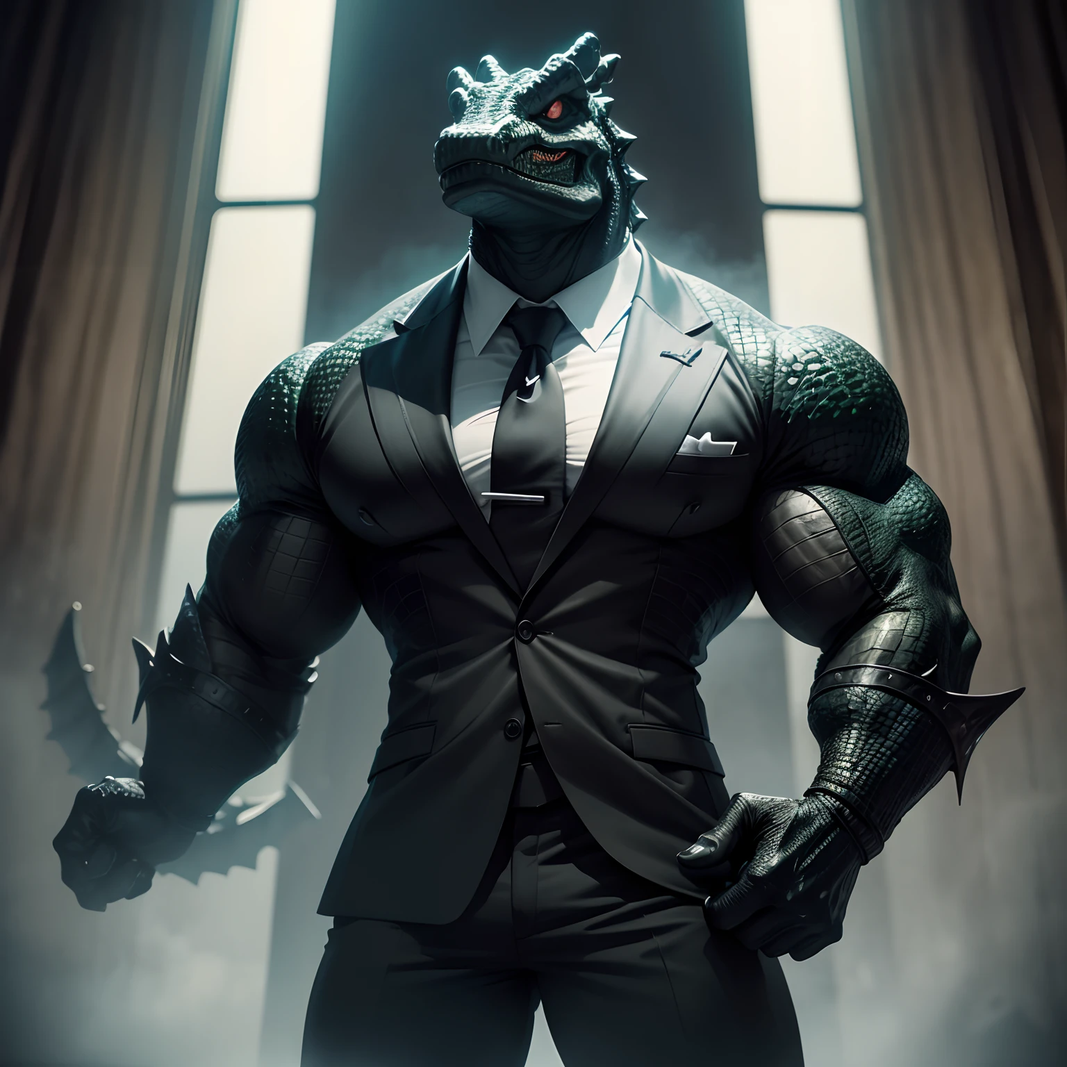 Humanoid crocodile muscled , with a crocodile's head black with a tail with 2 huge arms , in suit with a tie , full body
