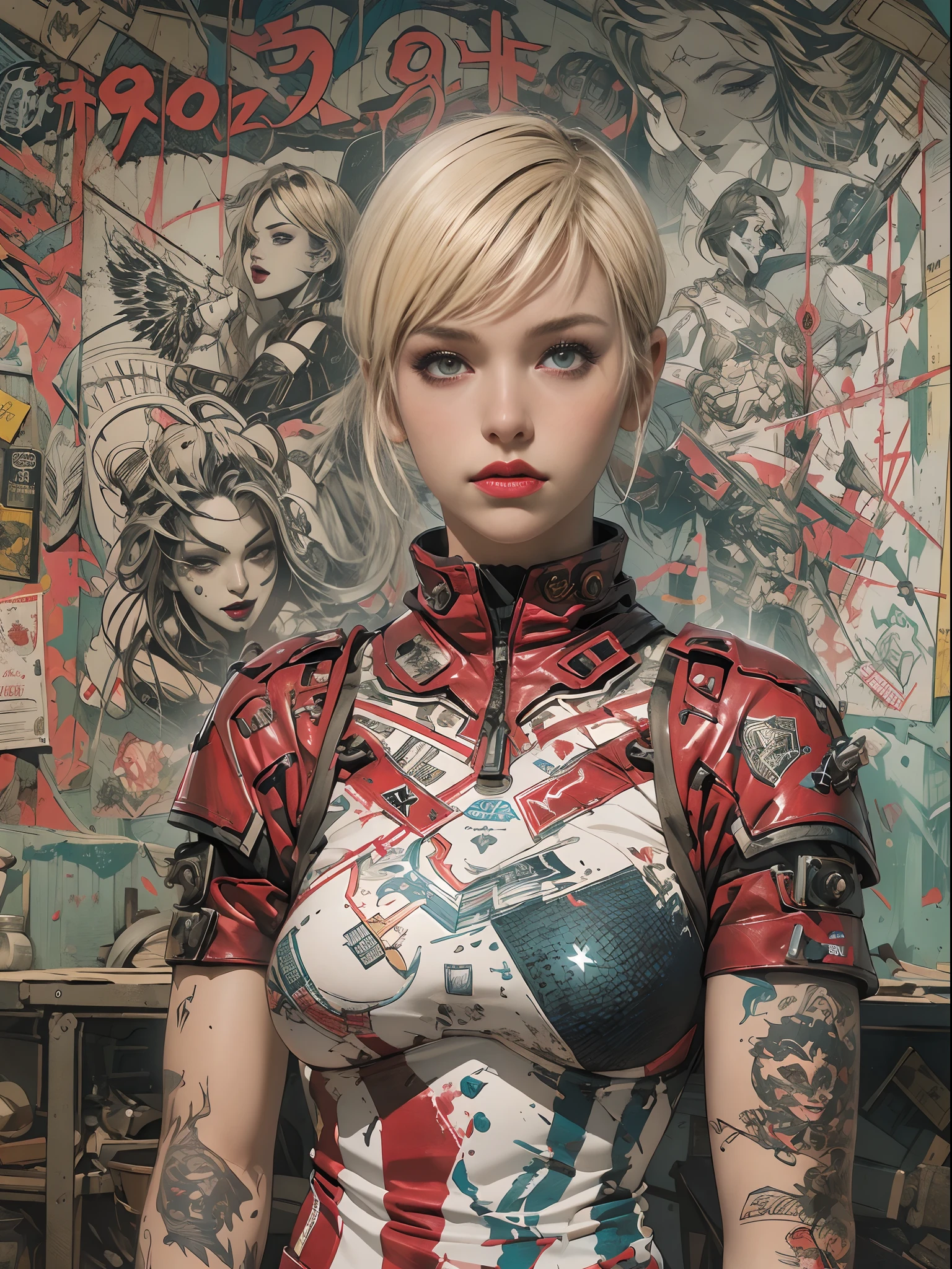 ((top-quality、8K、32K、masterpiece、nffsw:1.3)), (superfine illustration)、(超A high resolution), (((adult body))), (((1girl in))), ((( Bob Shorthair ))), 25-year-old cyberpunk gladiator with a perfect body, Shoulder pads with metal spines, Gladiadores in Brooklyn, (( Bob Shorthair )), Small leather panties, Torn rugby team shirt, Almost naked in Simon Bisley's urban savage style, short blond hair, Minimum clothing, Metal protection on the left arm with complex graphics, Dark red with white stars and blue and white stripes, s Armor, Full of tips and rivets, Poison tattoo (((Image from the knee up))), short white blonde hair, In the background、 There is a wall with an intricate design painted by Shepard Fairey