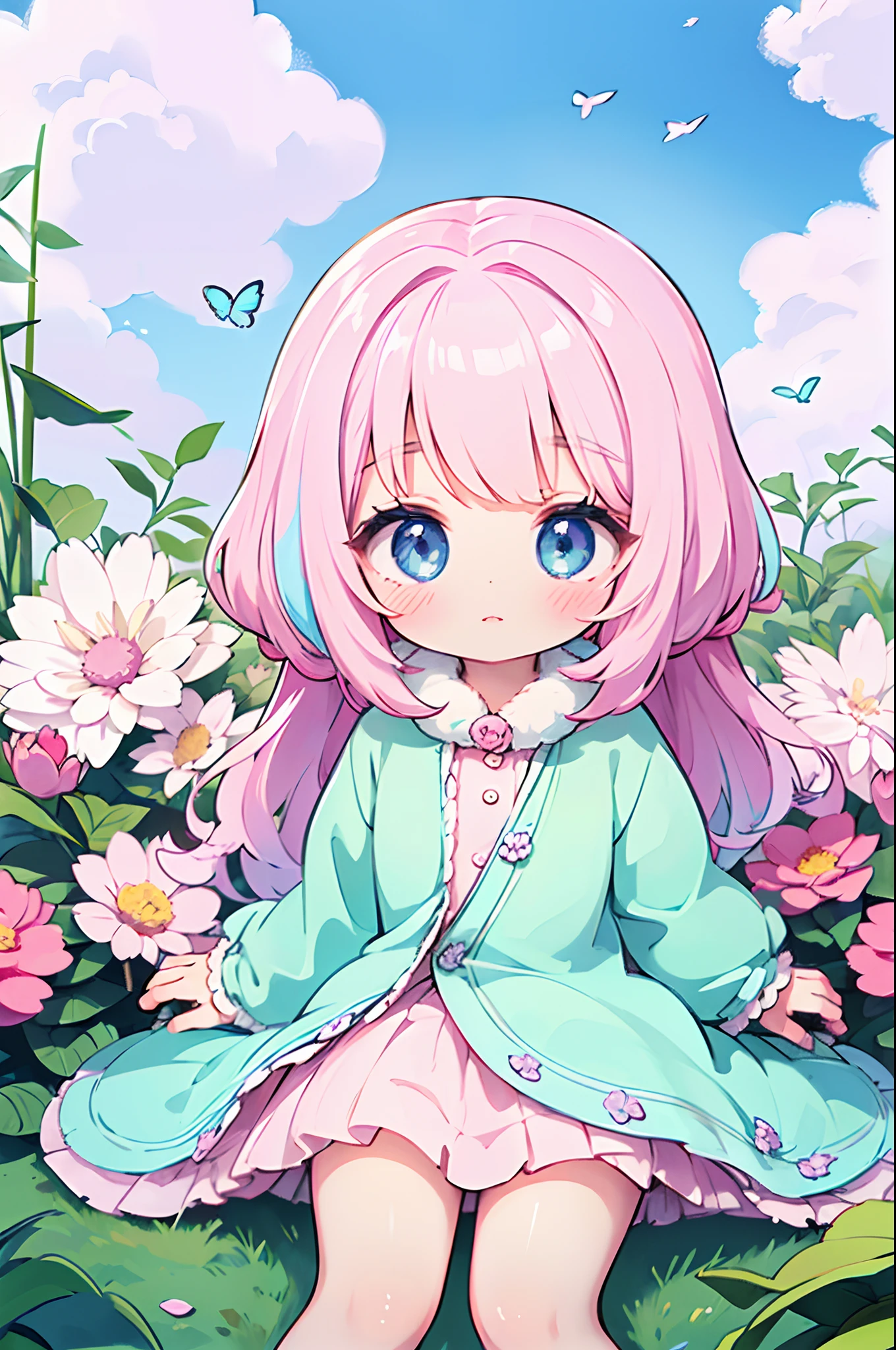big eyes, pink cheeks, soft and fluffy hair, cute outfit, playful pose, surrounded by flowers and butterflies, vibrant colors, pastel tones, natural lighting, high-resolution artwork, anime style