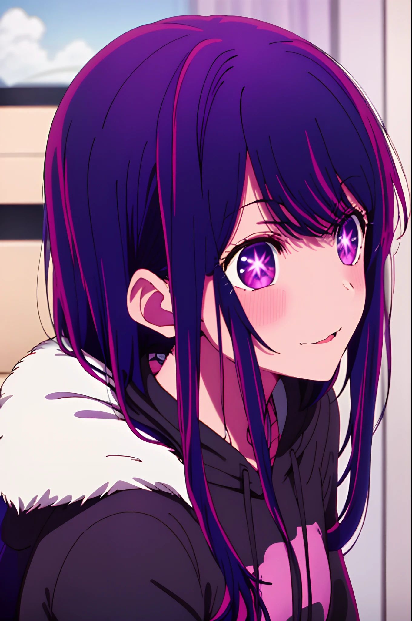 Yukino, best quality, purple color hair, purple eyes, in a black hoodie, cute girl, her expression is solemn, sexy face, she has a cute expressive face, hard breast