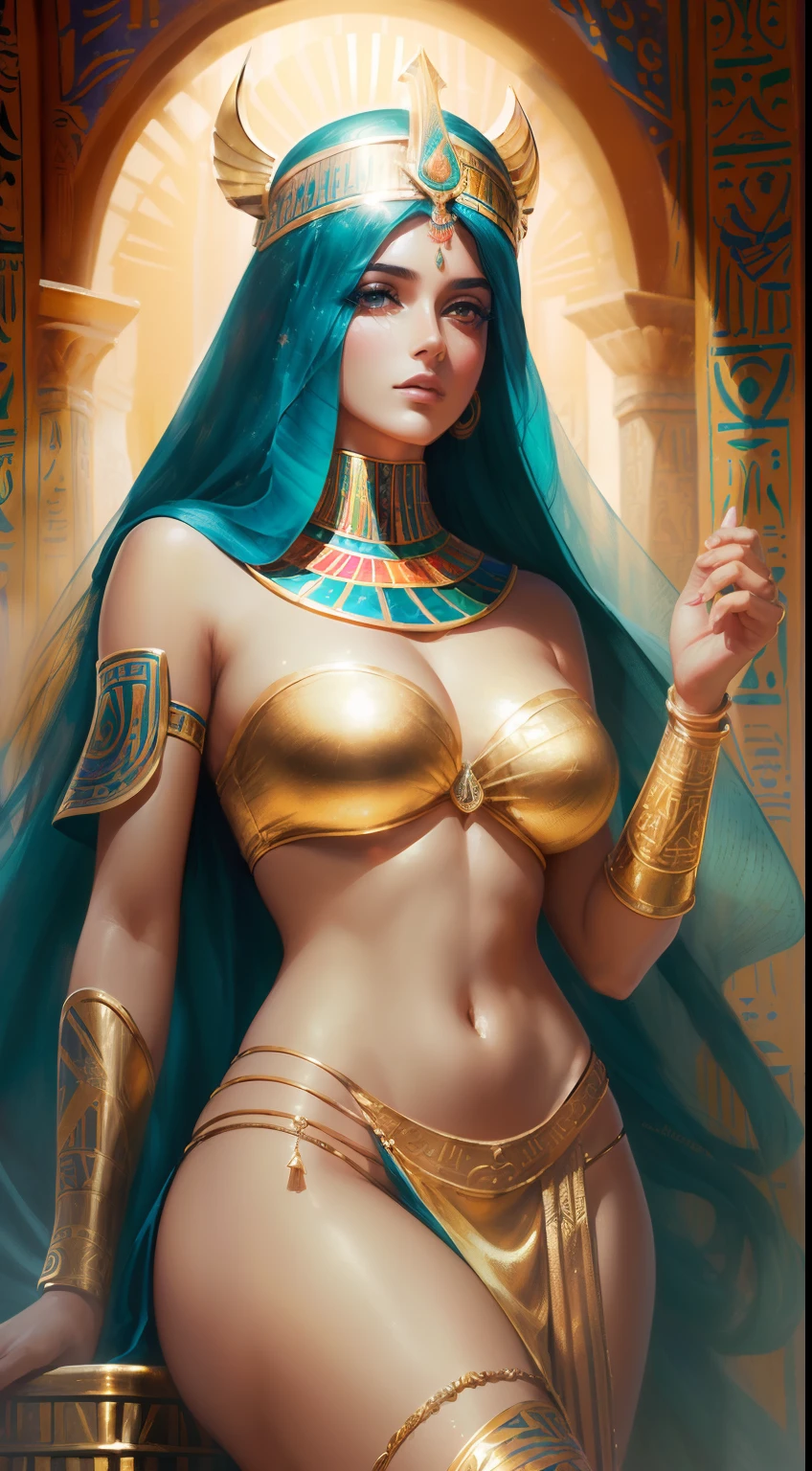 (La mejor calidad, realista:1.37), pintura realista y detallada de la diosa ISIS, Hermoso y muy detallado cuerpo completo, ojos cautivadores, Pose elegante, flowing robes, tocado dorado, Ancient Egyptian symbols, colores vibrantes, Soft lighting, Aura divina