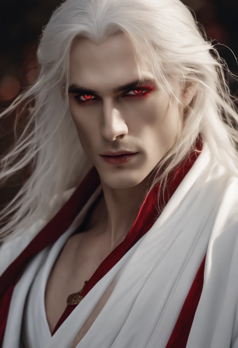 a man with long white hair,pale skin,blood ruby eyes,thin body and thin waist,wearing a white robe with red veins