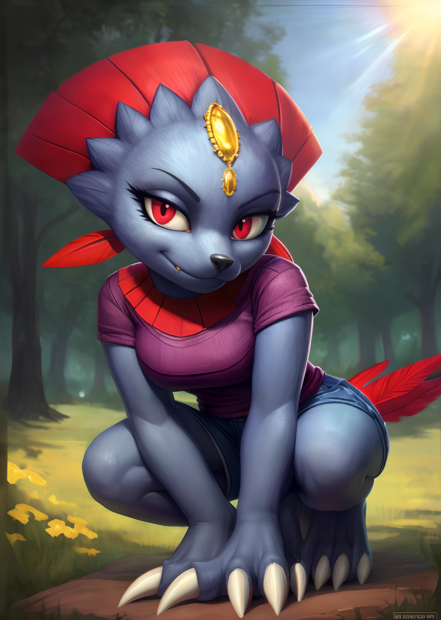 [pokemon], [weavile], [Uploaded to e621.net; (Pixelsketcher), (napalm_express), (twistedterra)], ((masterpiece)), ((HD)), ((high quality)), ((solo portrait)), (back view)), ((feet visible)), ((furry art)), ((detailed shading)), ((beautiful render art)), ((intricate details)), {anthro; (slim body), (shortstack), (indigo fur), black nose, red eyeshadow, (yellow gem on forehead), (red feather crown), (red feather tail), (red feather neckwear), (sharp white claws), cute red eyes, (short eyelashes), (beautiful feet), (beautiful legs), (smug smirk), (sharp teeth), (cute white fang)}, {(yellow off-shoulder shirt), (cleavage), (midriff), (denim short shorts)}, {(crouching), (looking back)}, [background; (park), (sun rays)]