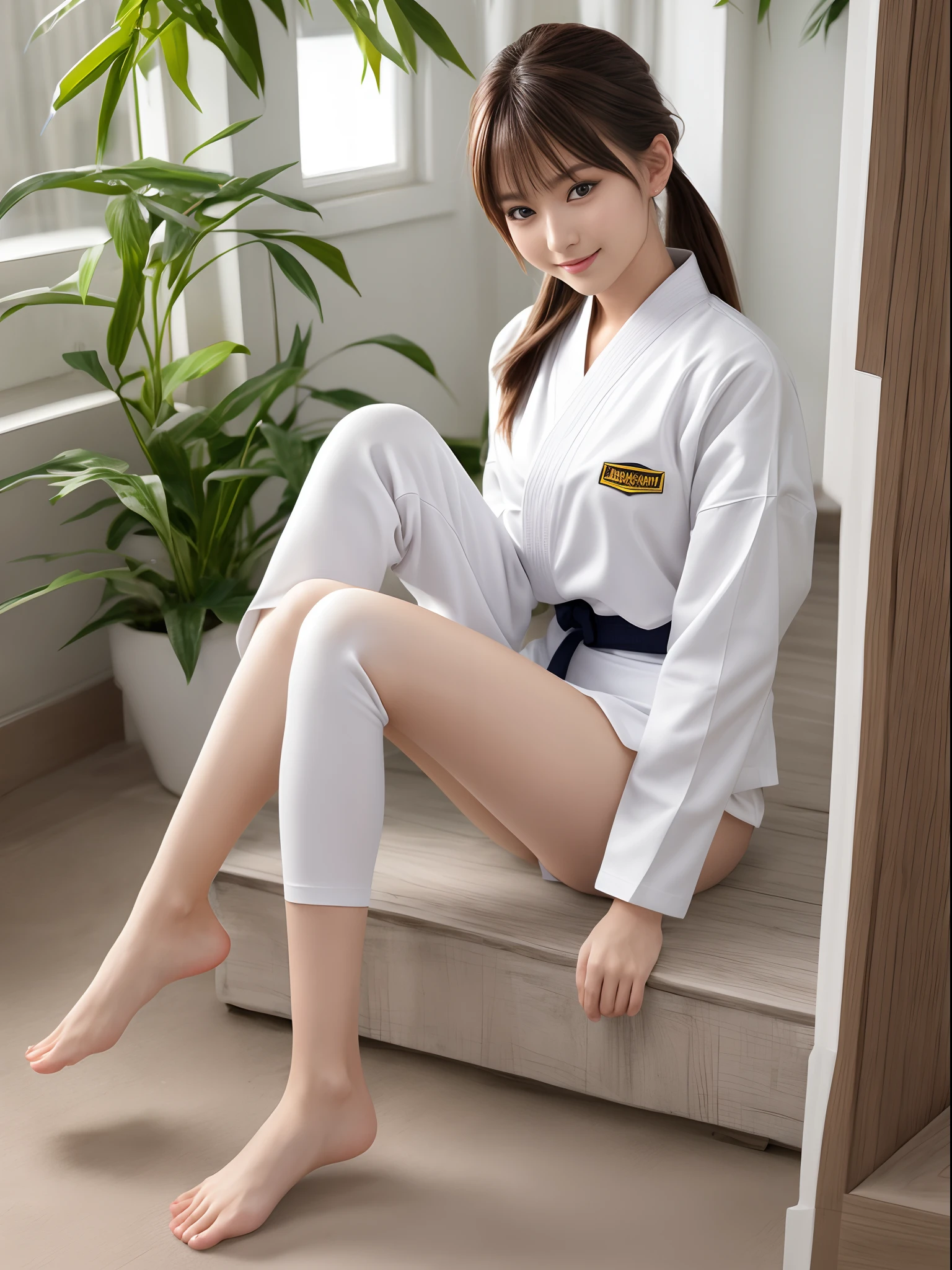 (Photorealsitic)(sixteen years old), Perfectly beautiful woman, (Full body 8K portrait), Large and dynamic hand and foot movements, White Karate Uniform, White karate pants, Large bust,Stand alone, Perfect facial detail, (Smile: 1.15), attractive beautiful face, gazing at viewer, a small face, 二重まぶた, Beautiful detailed eyes, long eyeslashes, ligh brown hair, poneyTail, Toned waist, Beautiful thin legs, toned ankles, bare-legged ,TOKYOcty