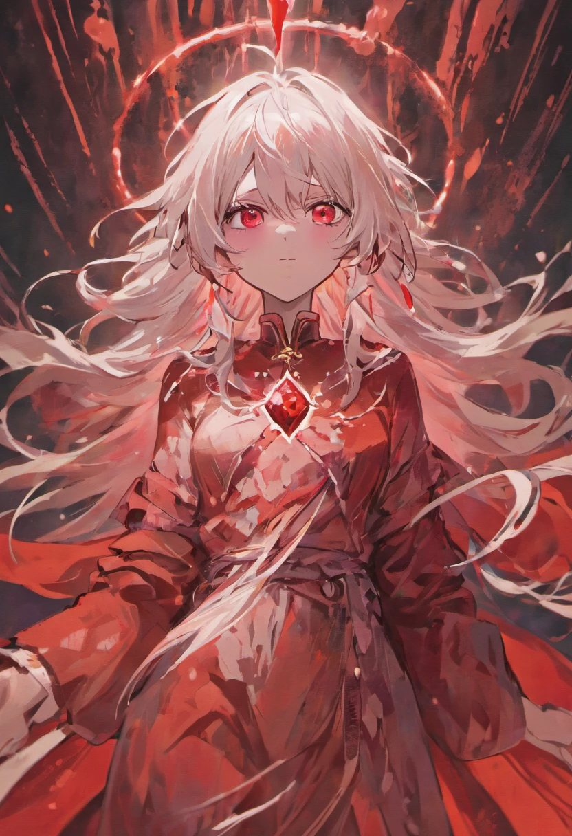a man with long white hair,pale skin,blood ruby eyes,thin body and thin waist,wearing a white robe with red veins