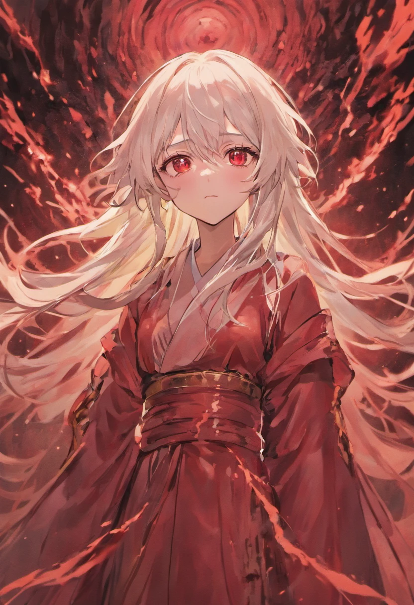 a man with long white hair,pale skin,blood ruby eyes,thin body and thin waist,wearing a white robe with red veins