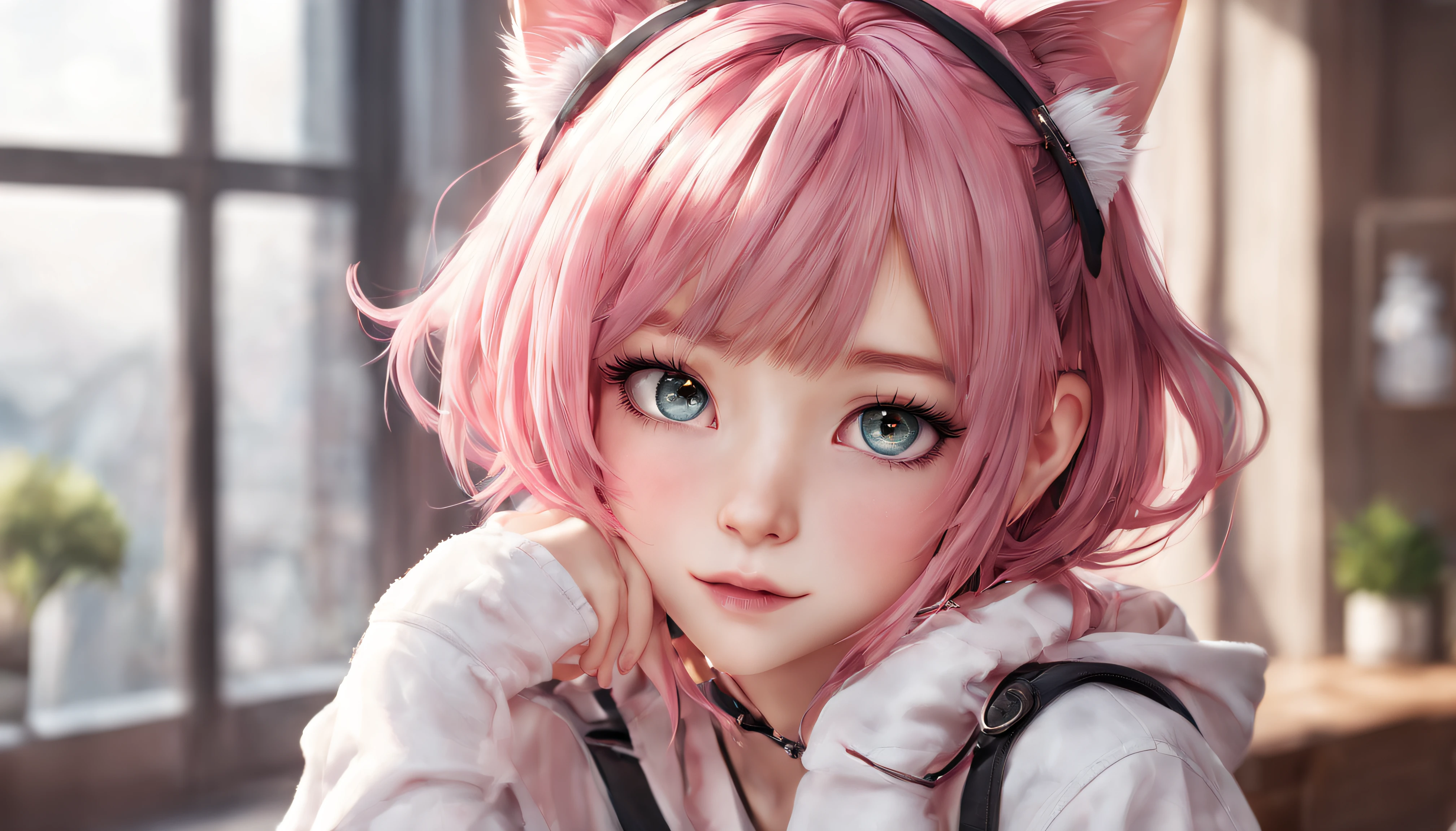 masterpiece, best quality, (1girl), beautiful detailed eyes, looking at viewer, upper body, pink hair, shy, cat ears, very detailed, high resolution, sharp, sharp image, 4k, 8k,