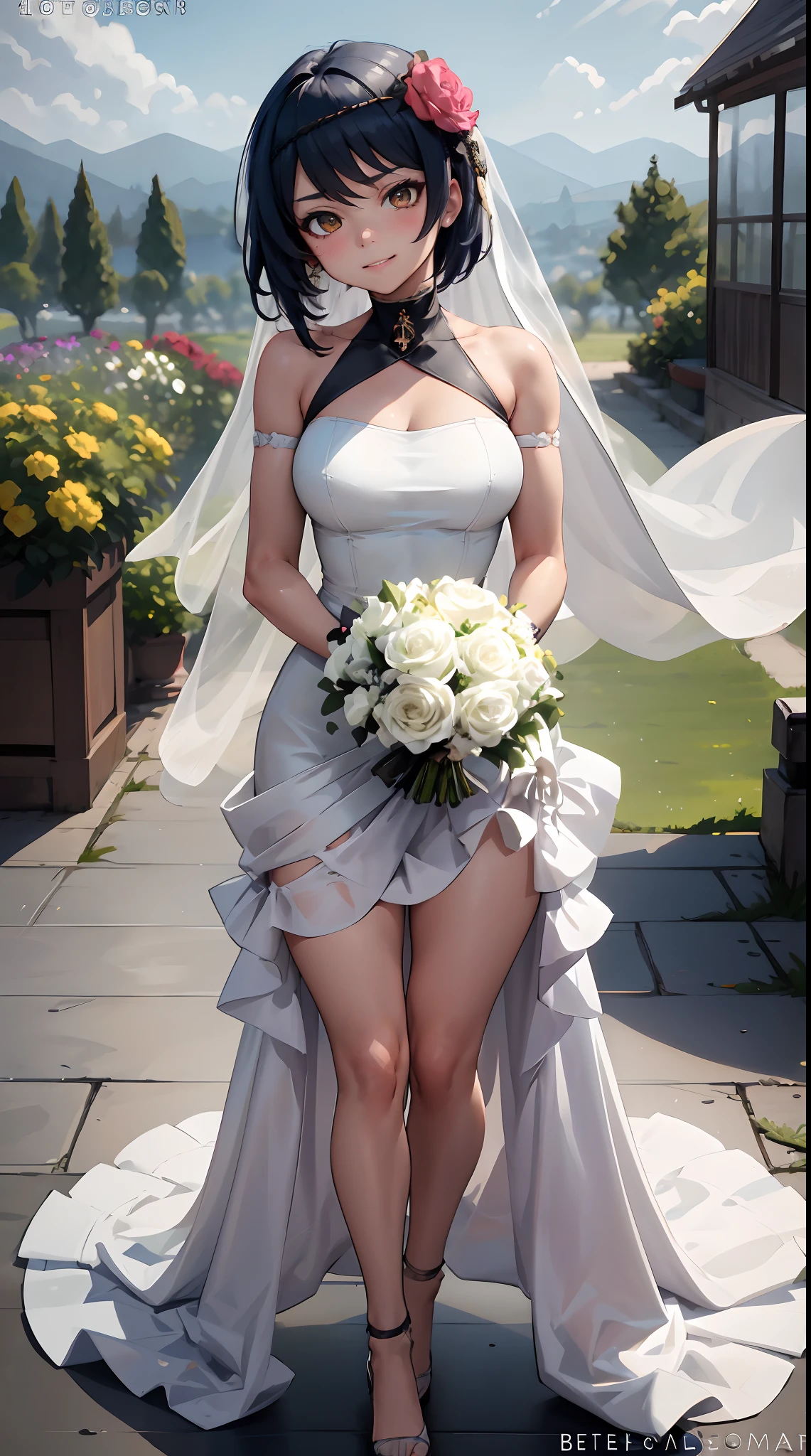Kujou Sara | genshin impact, master-piece, bestquality, 1girls,25 years old, proportional body, proportional., Wedding Dresses, White Wedding Dress, Long skirt, wedding, ,bara, Standing in the middle of a flower garden, outdoor, wedding, The sky is beautiful, Both hands hold a bouquet of flowers......................................................., View viewers from the front., Thigh strap, Head tilt, bored, 10, 10, HD, slight smile,