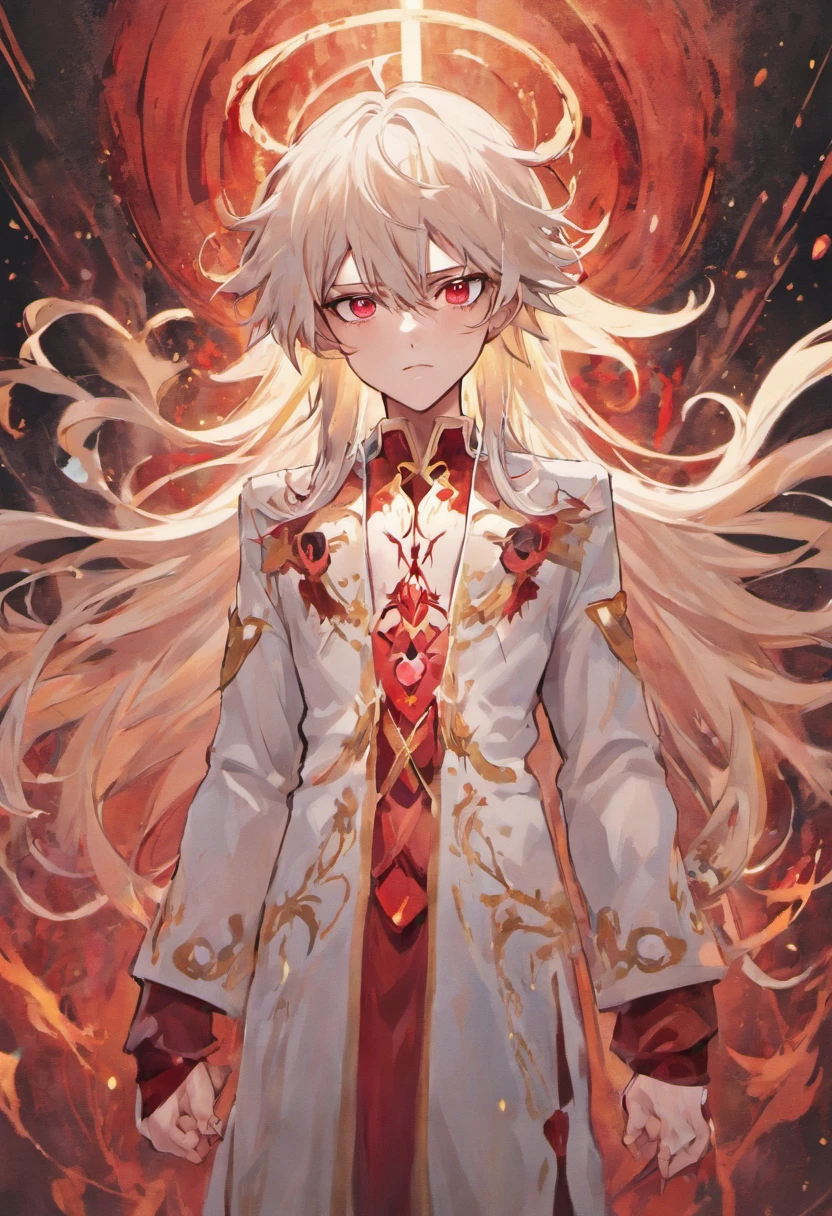 a young man with long white hair,pale skin,blood ruby eyes,thin body and thin waist,wearing a white royale clothes with red veins