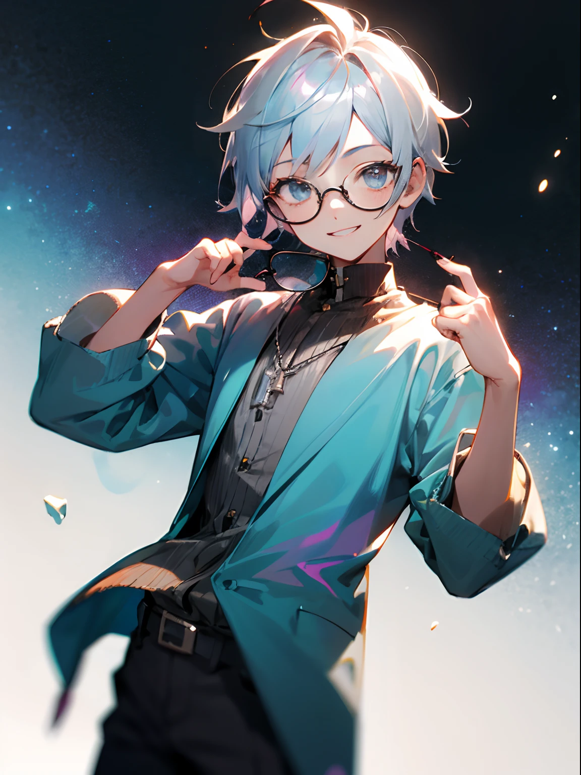 Male , eye glasses,Cowboy Shots,A smile, silber hair,Daytime,Iridescent background,
