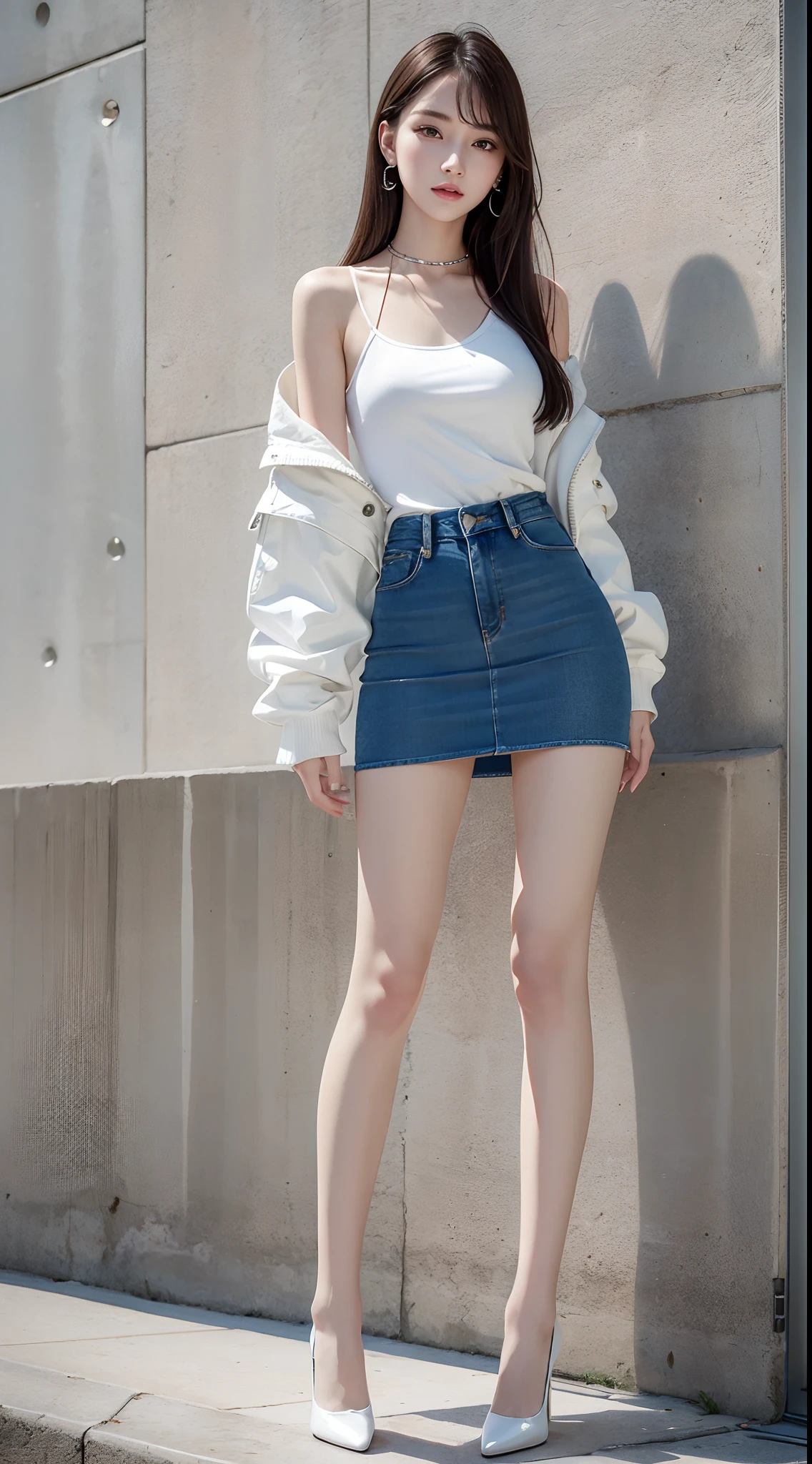 Ultra-clear resolution,top Quority,Wonderful young girl,ear studs,Clear eyes,plain face,Gloss on lips,s the perfect face,White skin,Perfect chest,Slender legs,Denim miniskirt,black heels,street