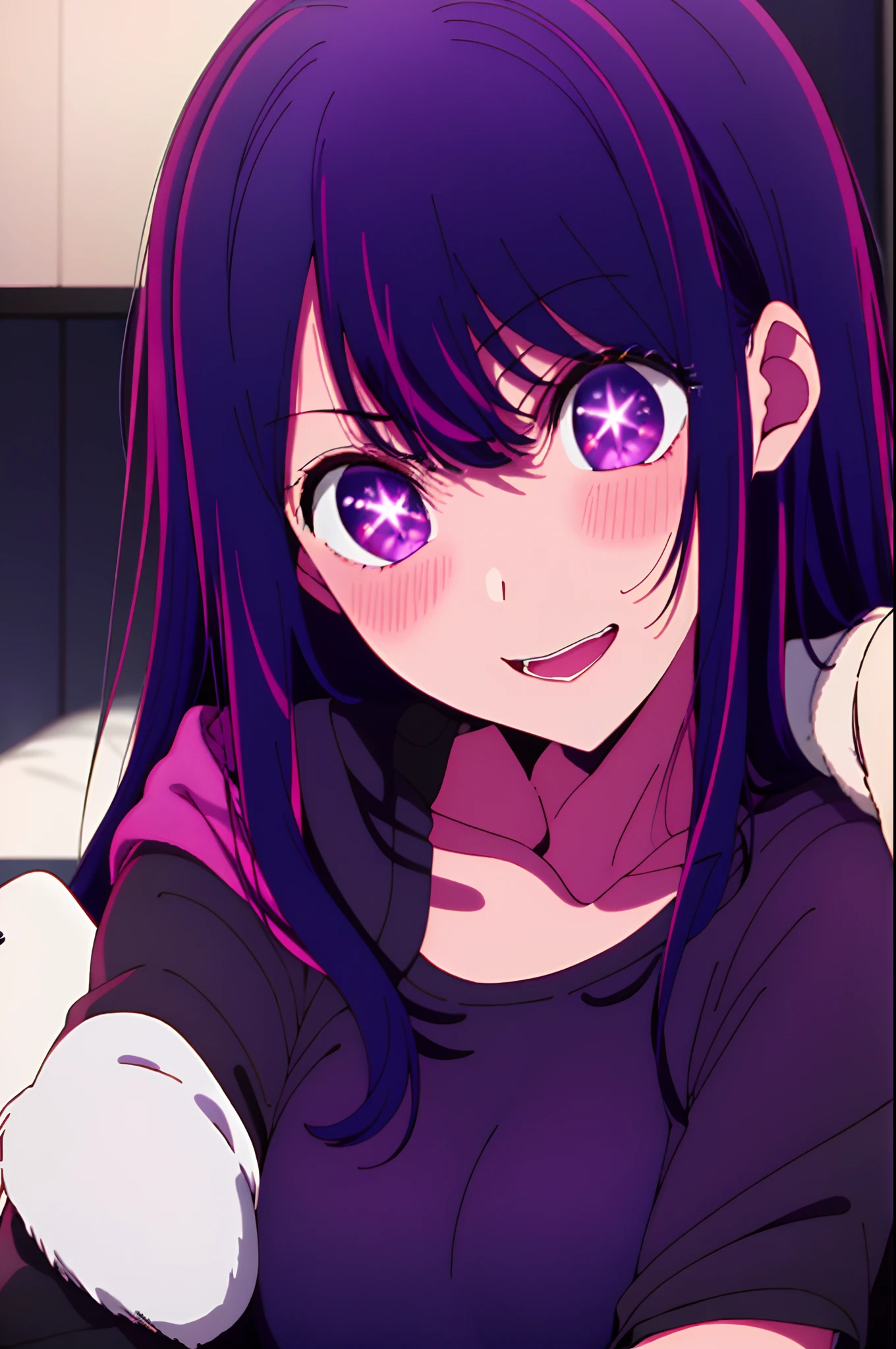 Yukino, best quality, purple color hair, purple eyes, in a black hoodie, cute girl, her expression is solemn, sexy face, she has a cute expressive face, hard breast