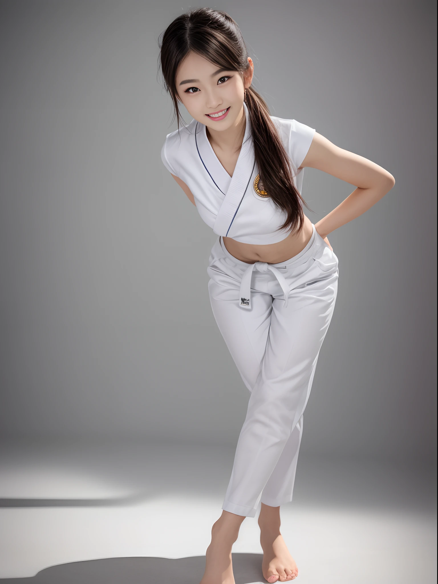 (Photorealsitic)(sixteen years old), Perfectly beautiful woman, (Full body 8K portrait), Large and dynamic hand and foot movements, White Karate Uniform, White karate pants, Large bust,Stand alone, Large and dynamic hand and foot movements, Make a high side kick, Perfect facial detail, (Smile: 1.15), attractive beautiful face, gazing at viewer, a small face, 二重まぶた, Beautiful detailed eyes, long eyeslashes, ligh brown hair, poneyTail, Toned waist, Beautiful thin legs, toned ankles, bare-legged ,TOKYOcty
