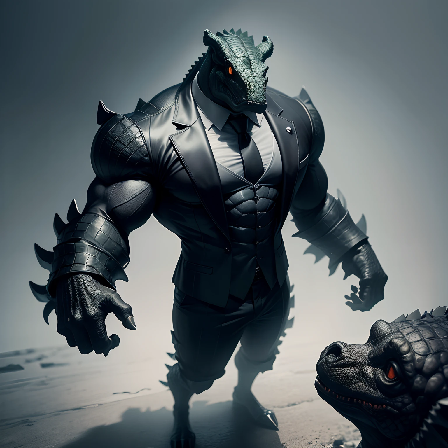 Humanoid crocodile muscled , with a crocodile's head black with a tail with 2 huge arms , in suit with a tie , full body