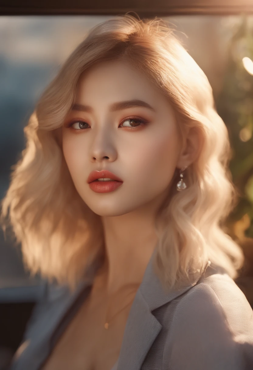 (best quality,4k,highres:1.2),ultra-detailed,realistic:1.37,beautiful detailed eyes,beautiful detailed lips,extremely detailed face,blonde hairstyle,undercut shirt,blackpink lisa face,long eyelashes,mini skirt,sunset-lit window,soft natural lighting,vivid colors,photorealistic,modern portrait style