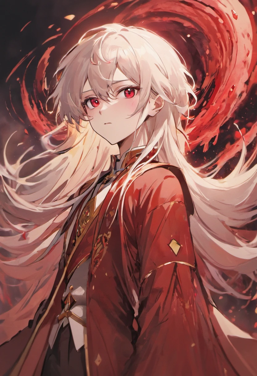 a gentleman with long white hair,pale skin,blood ruby eyes,thin body and thin waist,wearing a white royale clothes with red veins
