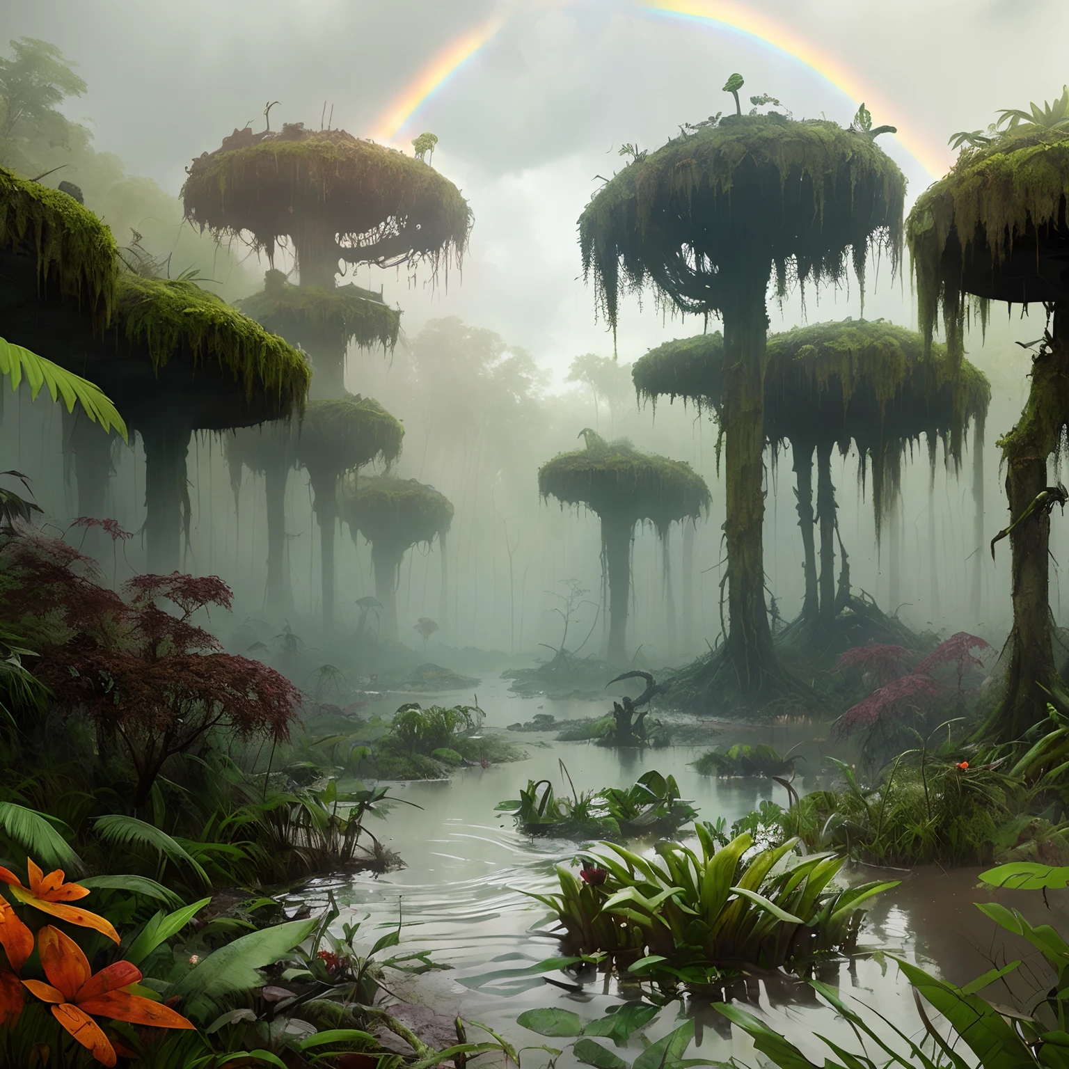 stalenhag, (dense alien jungle swamp: 1.3), (lots of weird unusual rainbow flowers: 1.3), sci-fi, hdr, 8k, 4k, octane renderer, very detailed, artstation