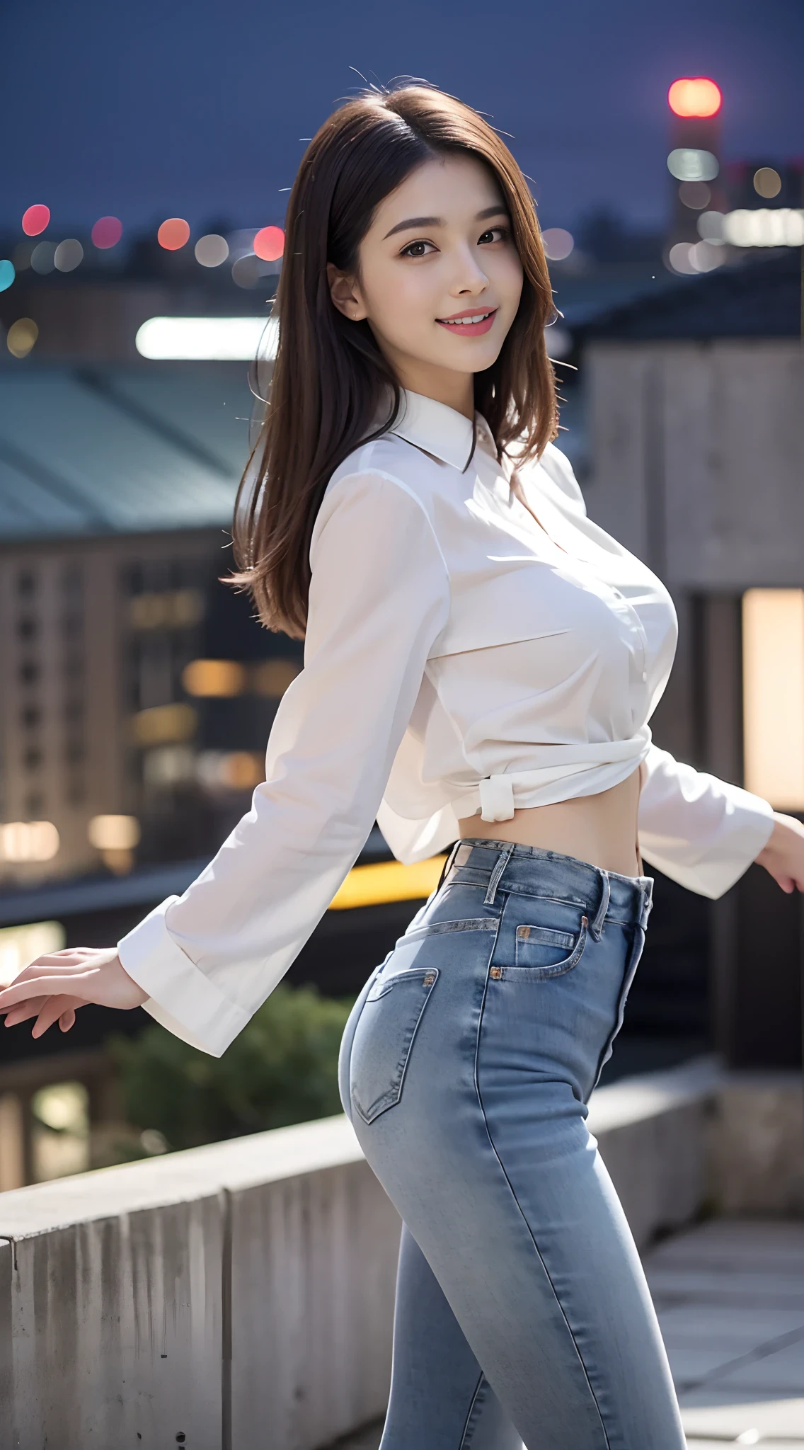 ((midynight, Need, 8K, tmasterpiece:1.3)), full bodyesbian, Thin legs, Focalors:1.2, (Skinny and small,Height one meter five)big breasts beautiful(junior school student)girlfriend:1.4, Slim abs:1.1, ((hair straight,Dark brown hair, Medium-sized breasts:1.2 )), (Stylish white loose shirt,The hem flutters, Stylish little flared jeans, standing on your feet:1.2), ((city night scene, the roof:1.3)), Highly detailed facial and skin texture, A detailed eye, Single Eyelids,Smile showing teeth,Super nice looking,Fair and well-proportioned legs,Extended flared jeans,Wear sandals,Reveals tender white toes,Shoot from all angles,Show off your slender waist and beautiful hips,Pose sexy seduction,fully body photo