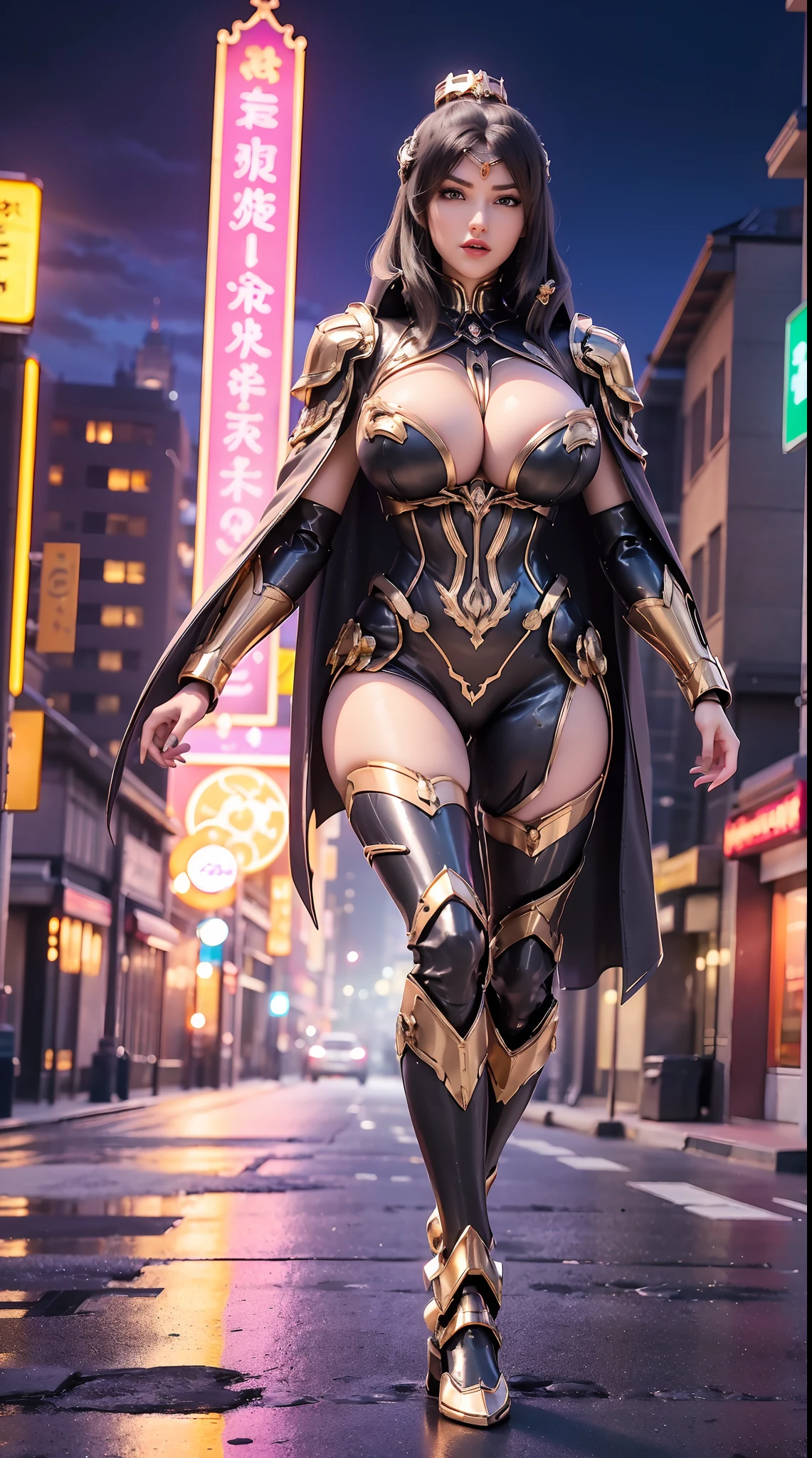 1GIRL, SOLO, (shiny black hair), (HUGE FAKE BOOBS:1.3), (GUARD ARM, GLOVE), IMMORTAL, (black, purple, gold, FUTURISTIC MECHA ARMOR SUIT, ROYAL CAPE, CLEAVAGE:1.5), (SKINTIGHT YOGA PANTS, HIGH HEELS:1.2), (NSFW GLAMOROUS BODY, SEXY LONG LEGS, FULL BODY:1.3), (FROM FRONT, LOOKING AT VIEWER:1), (WALKING DOWN ON STREET NIGHT CITY:1.3), PHYSICALLY-BASED RENDERING, ULTRA HIGHT DEFINITION, 8K, 1080P.