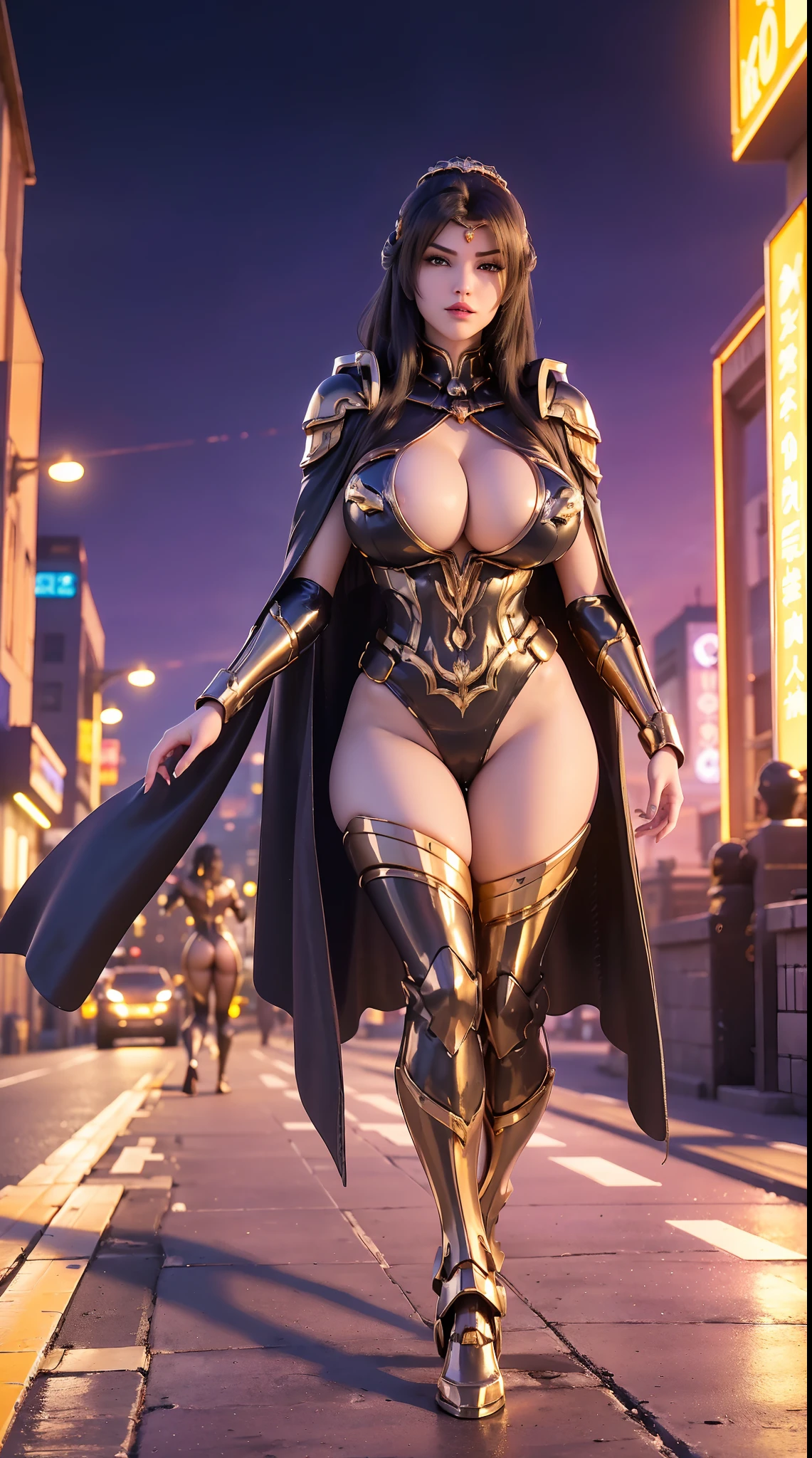 1GIRL, SOLO, (shiny black hair), (HUGE FAKE BOOBS:1.3), (GUARD ARM, GLOVE), IMMORTAL, (black, purple, gold, FUTURISTIC MECHA ARMOR SUIT, ROYAL CAPE, CLEAVAGE:1.5), (SKINTIGHT YOGA PANTS, HIGH HEELS:1.2), (NSFW GLAMOROUS BODY, SEXY LONG LEGS, FULL BODY:1.3), (FROM FRONT, LOOKING AT VIEWER:1), (WALKING DOWN ON STREET NIGHT CITY:1.3), PHYSICALLY-BASED RENDERING, ULTRA HIGHT DEFINITION, 8K, 1080P.