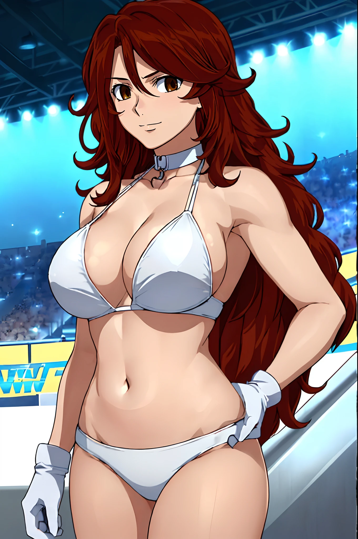 curvy belly, titration screen,, Elegant lady, (upper body only), anime style: 1.8, anime drawing, ultra detailed face, ultra detailed body, 4k, Sumergai Lee Noriega, (standing), best quality, anime style, hires, highest definition, digital blending, bold drawing lines, ((wwe diva), (location: wrestling arena, crowds watching), ( big shoulders, slim body, (wrestler body, thick arms, detailed biceps), , broad shoulders, closed fists, (very curvy: 2.8)), ((white bikini, only, white gloves, collar, hand protector, (champion belt on bare belly))), loser, defeated, sad, (pale skin, big breasts, smile), (big eyes, brown eyes), (clapping), ( brown hair, loose hair, curly hair, wavy hair, long hair, missy hair), 27 years old,