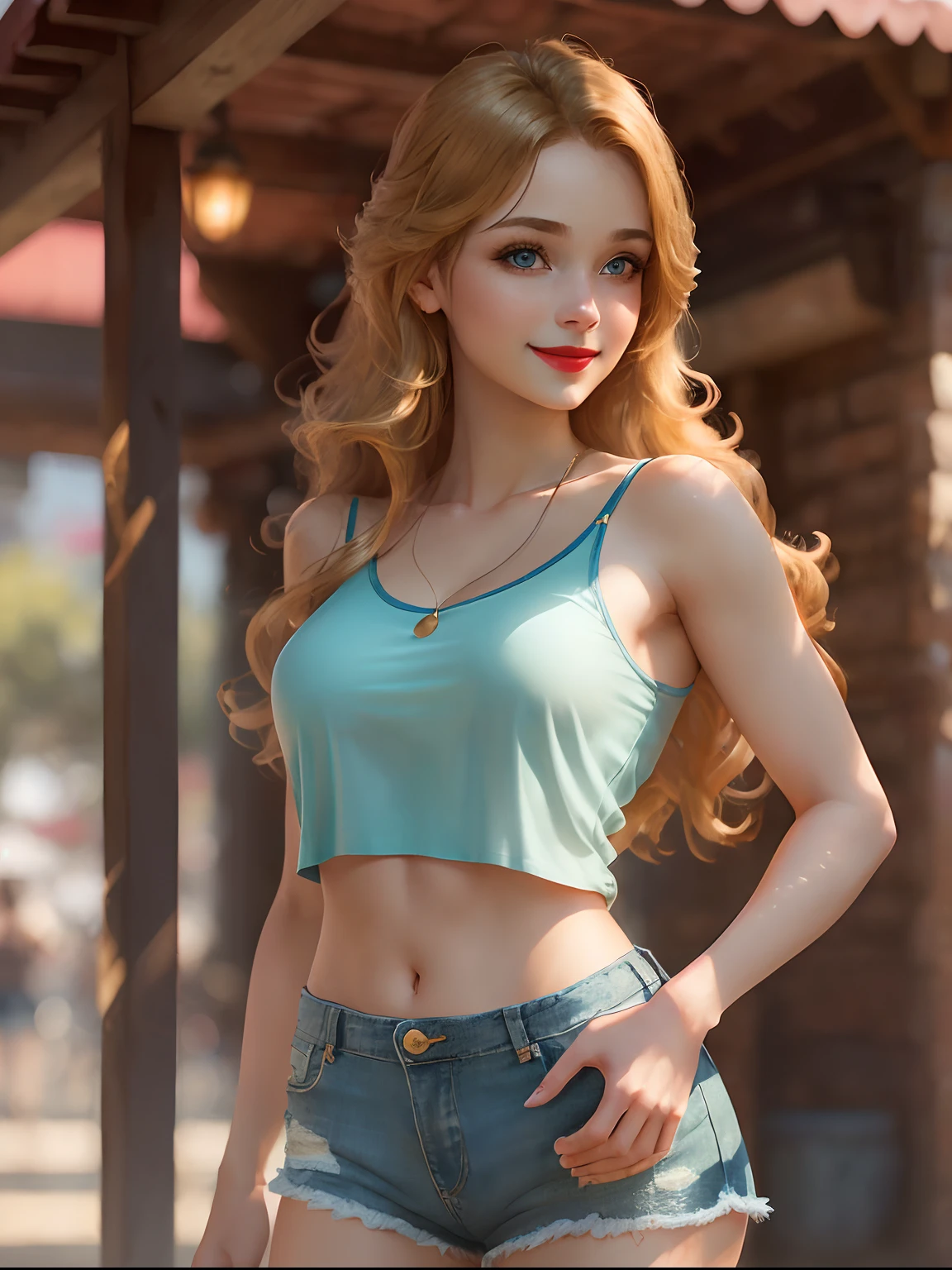 (Masterpiece, Professional lighting, 16k, 8k wallpaper, raw photo, photorealistic:1.8, ultra detailed, , slightly wide angle lens, natural  lighting, detailed skin, detailed face, detailed eyes), 1 beautiful girl, posing for Instagram, cropped tee shirt, underboob, , full body image , long curly blond hair with bangs,  necklace, green eyes, sexy gaze inviting look, baby blue top short, red skirt, joyous