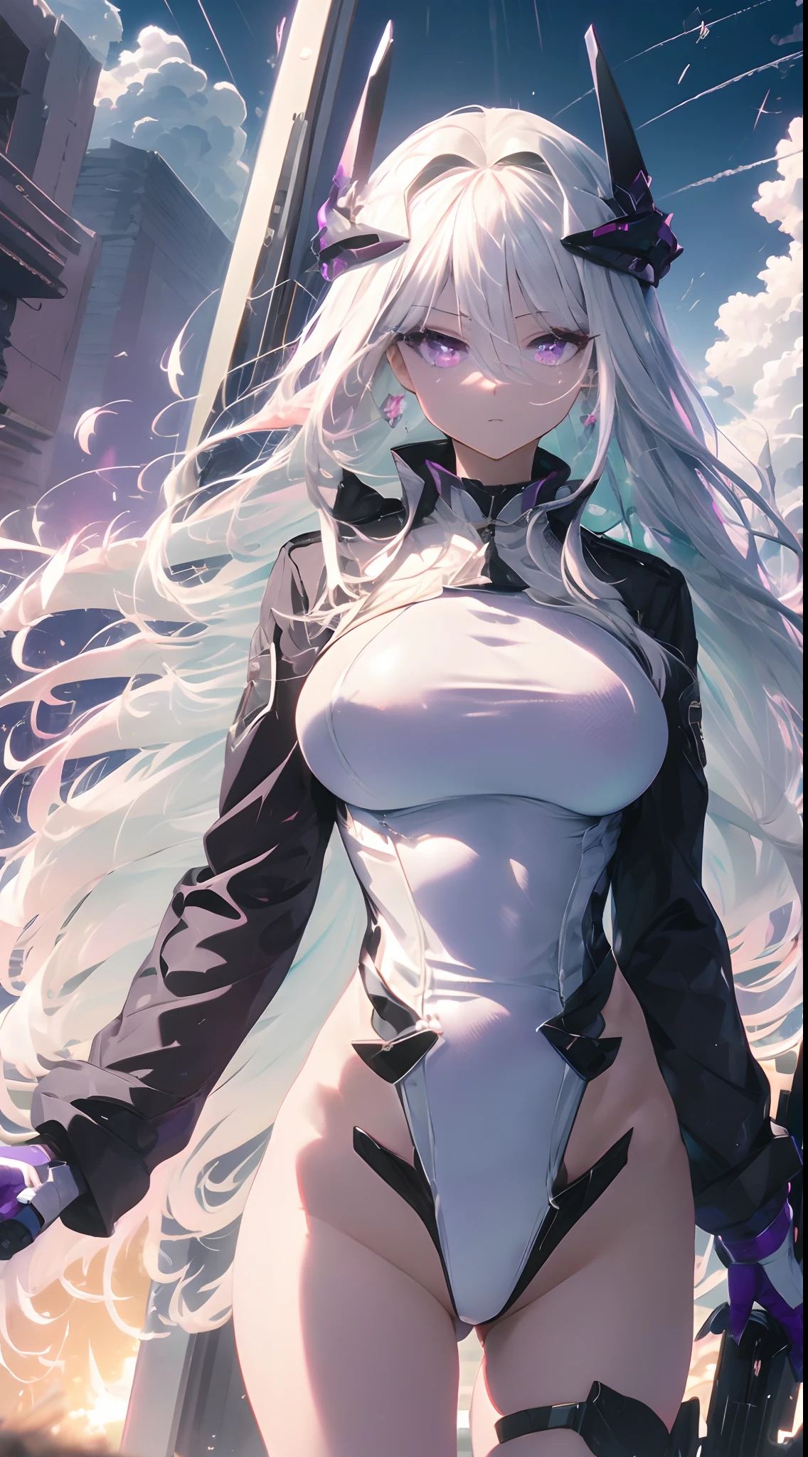 (best quality,4k,8k,highres,masterpiece:1.2),ultra-detailed,HDR,girl:1.1,standing,anime,eyes,sharp focus,military base,uniform,weapon,detailed background,serious expression,cool pose,dynamic lighting,moonlit night,mech in the distance,hairstyle,colorful sunset,sparkling stars,long hair,cloudy sky,cute face,White hair, purple eyes.