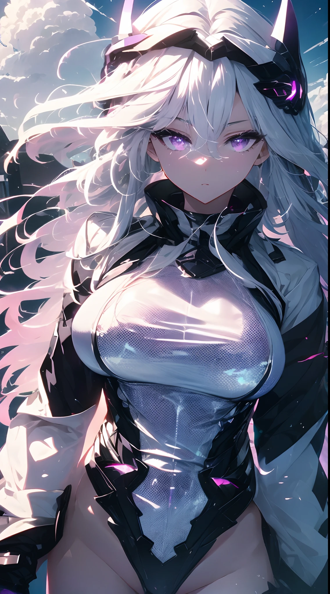 (best quality,4k,8k,highres,masterpiece:1.2),ultra-detailed,HDR,girl:1.1,standing,anime,eyes,sharp focus,military base,uniform,weapon,detailed background,serious expression,cool pose,dynamic lighting,moonlit night,mech in the distance,hairstyle,colorful sunset,sparkling stars,long hair,cloudy sky,cute face,White hair, purple eyes.