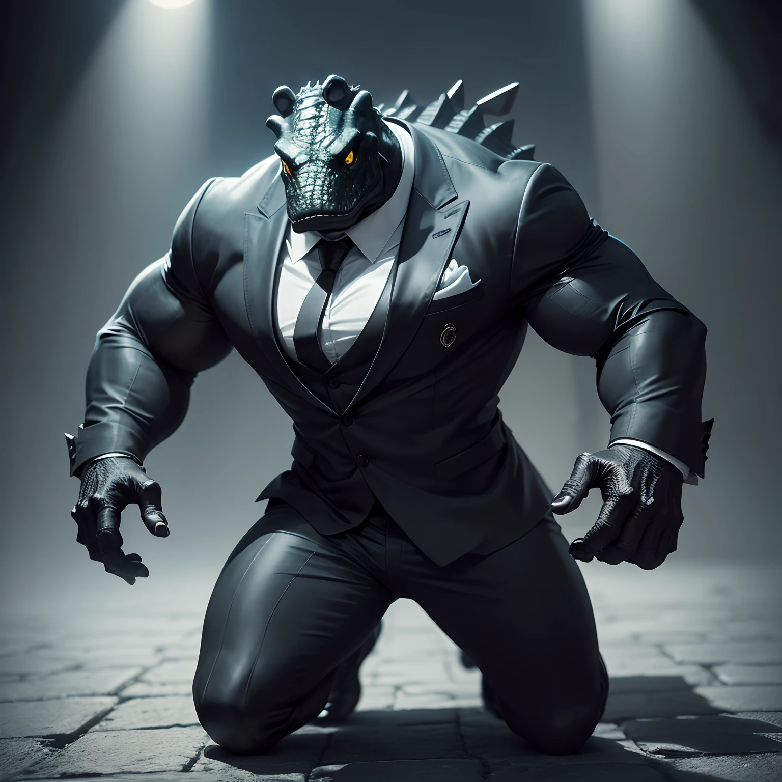Humanoid crocodile muscled , with a crocodile's head black with a tail with 2 huge arms , in suit with a tie , full body