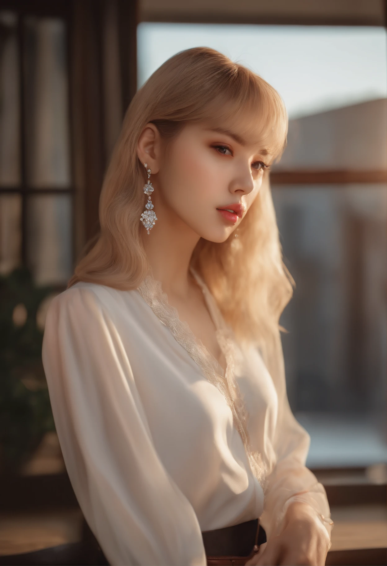 (best quality,4k,highres:1.2),ultra-detailed,realistic:1.37,beautiful detailed eyes,beautiful detailed lips,extremely detailed face,blonde hairstyle,undercut shirt,blackpink lisa face,long eyelashes,mini skirt,sunset-lit window,soft natural lighting,vivid colors,photorealistic,modern portrait style