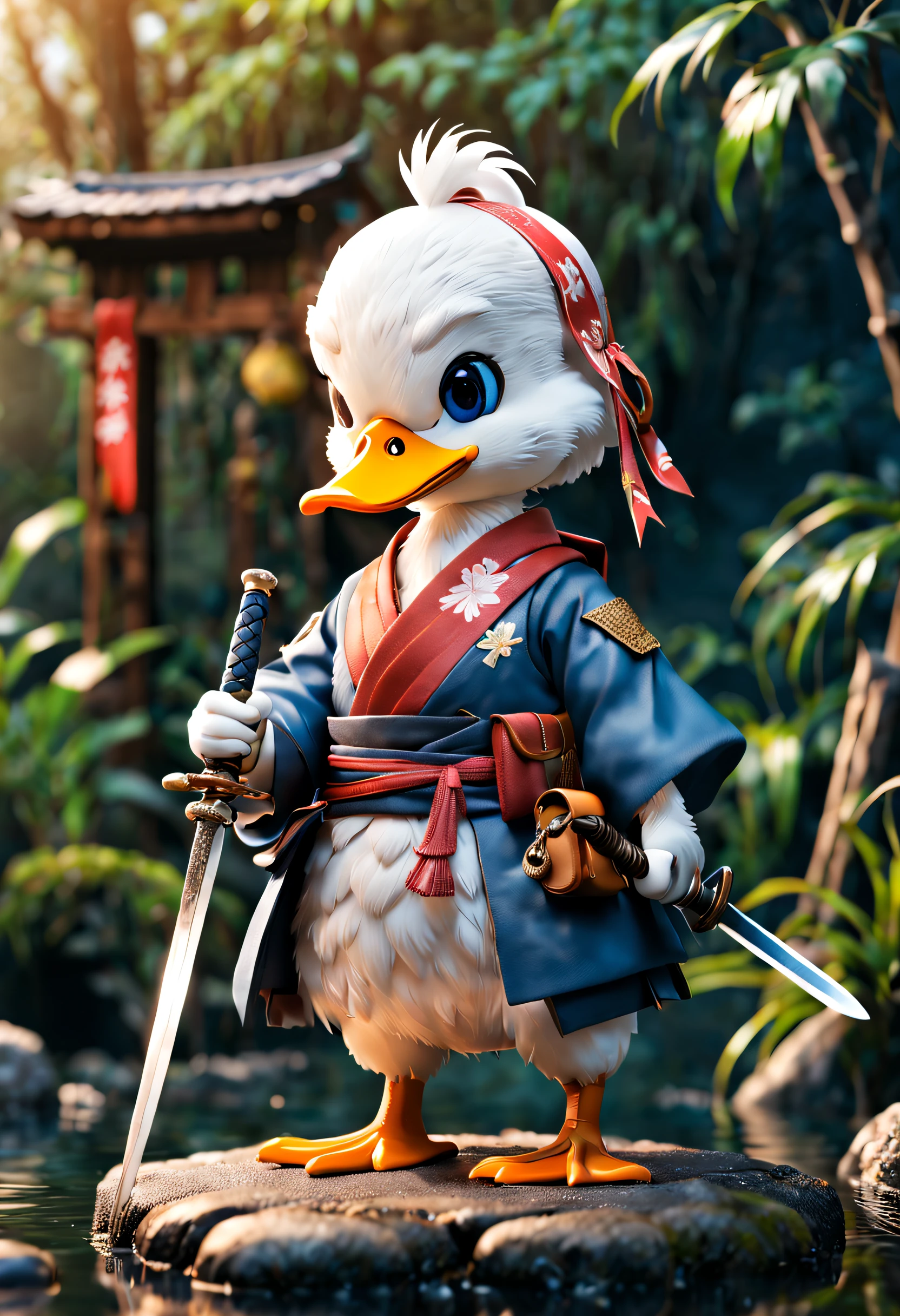 full body Esbian、Cool duck、Pop Duck、diorama、symple background、White background、bandana、Holding a Japan sword in his hand、masterpiece, Best Quality, Capture super cute moments, depth of fields, ultra-detailliert, Ultra High Resolution, Octadale, 8K, 16 K